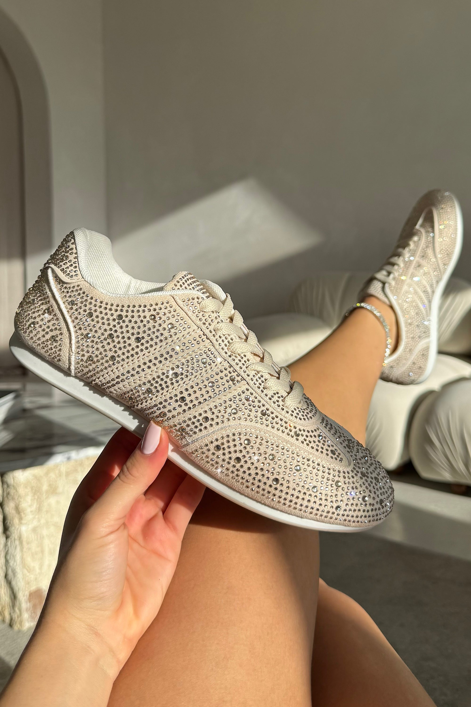 Crystal Dewdrop Lace-Up Trainers Nude designed with classic lace-up fastening