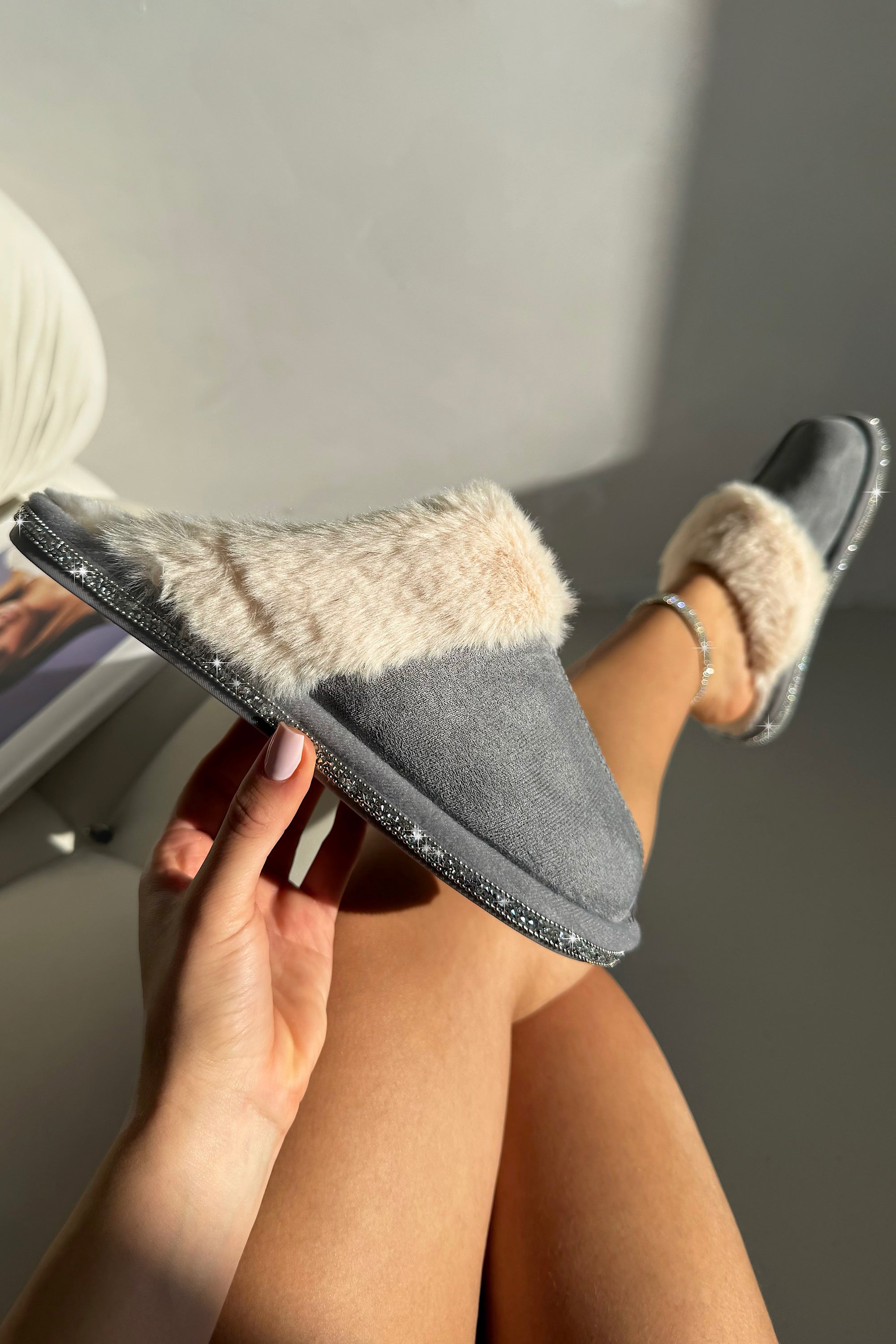 Crystal Trim Cosy Slippers Grey with true to size