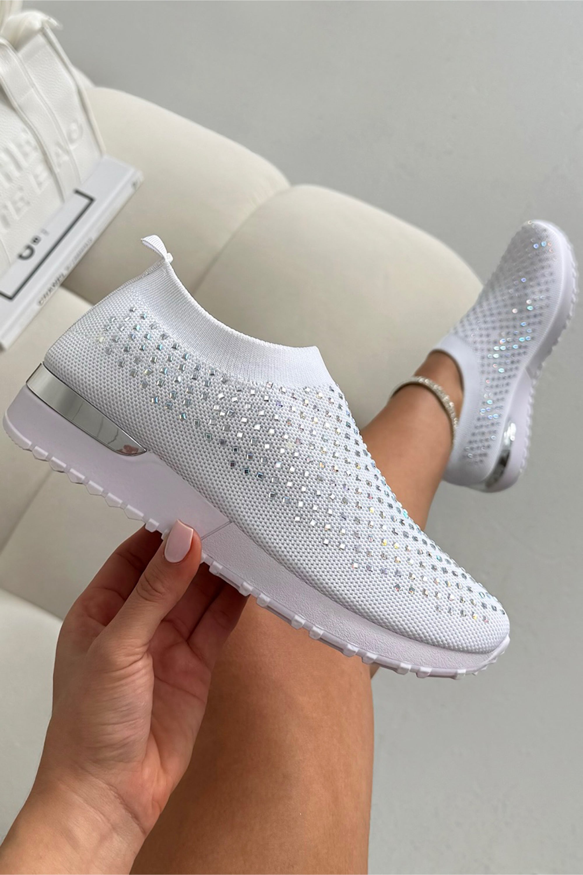 Crystal Diamond Comfort Stretch Sock Slip On Trainers White featuring stretch knit upper for a secure, flexible fit