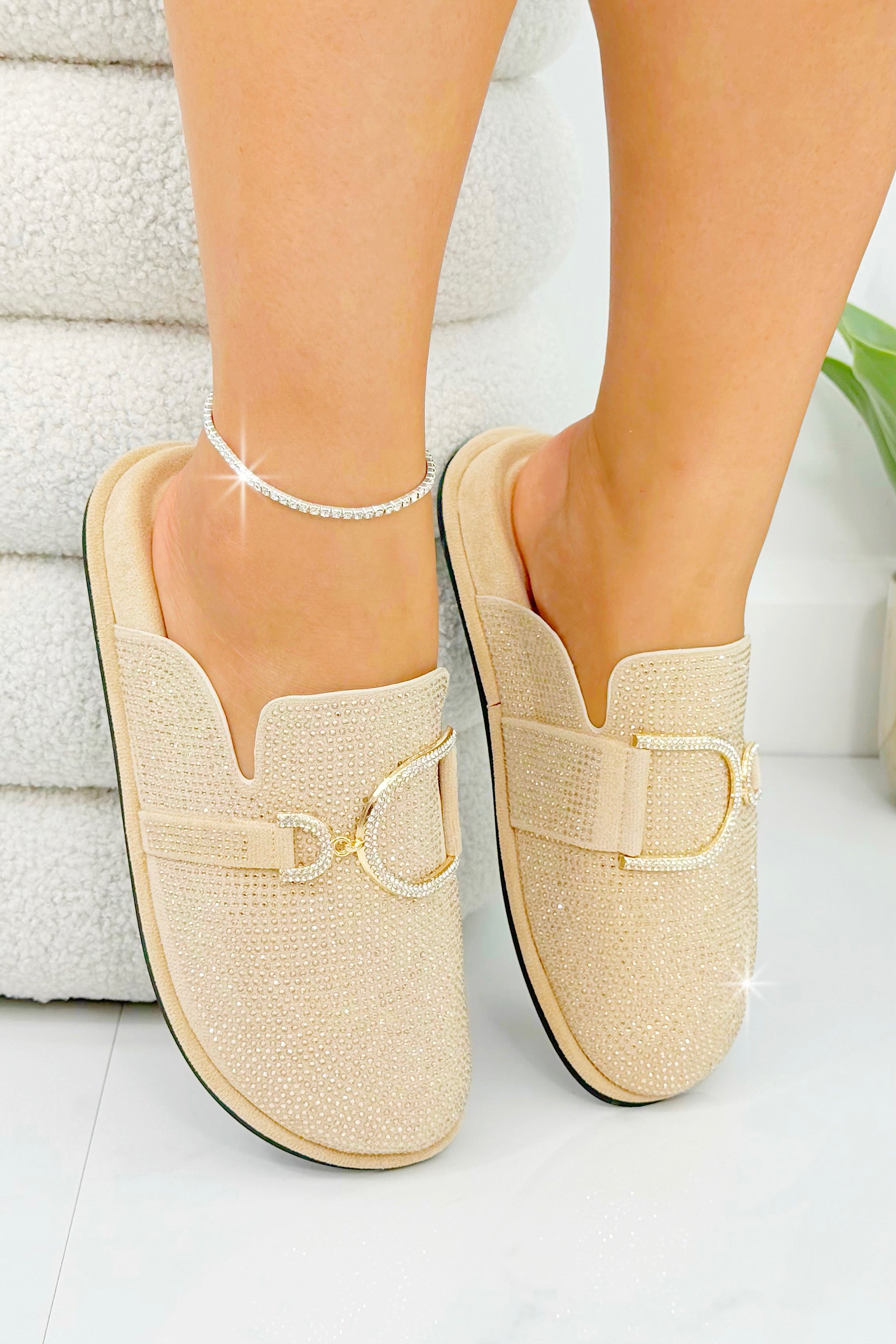 Crystal Imperial Suede Slip On Clog Mules Nude