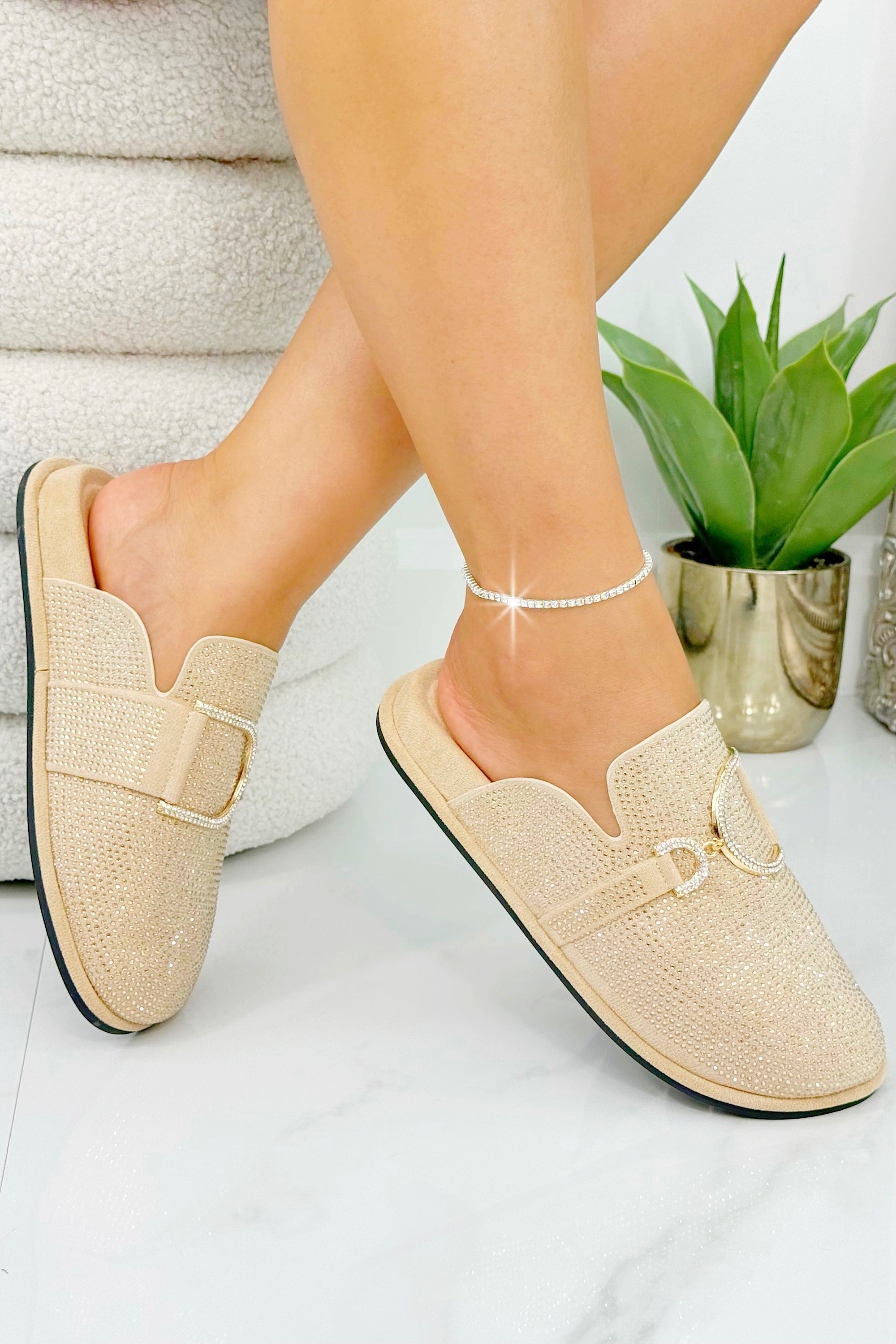 Crystal Imperial Suede Slip On Clog Mules Nude
