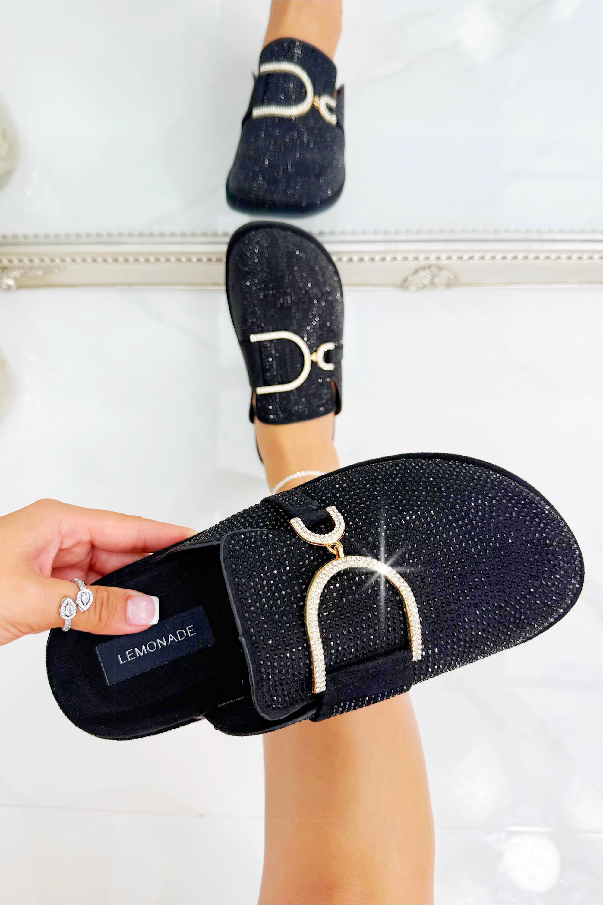 Crystal Imperial Suede Slip On Clog Mules Black