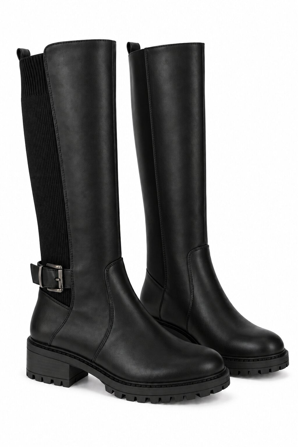 Rowan Buckle Stretch Panel Knee High Boots Black