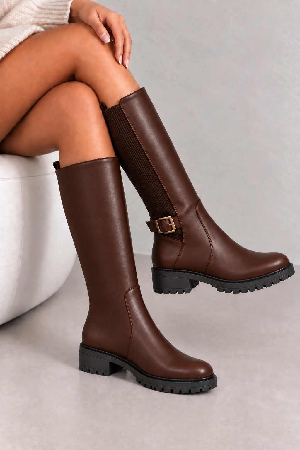Rowan Buckle Stretch Panel Knee High Boots Brown