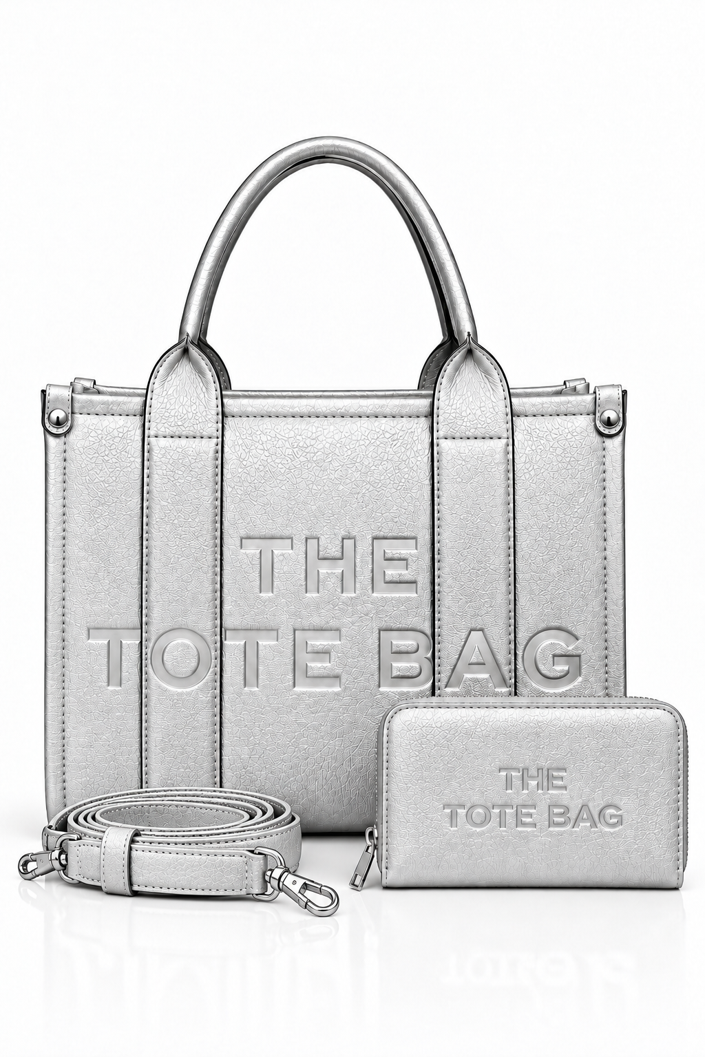 Faux Leather Medium Tote Bag Metallic Silver & Faux Leather Tote Bag Purse Metallic Silver Bundle