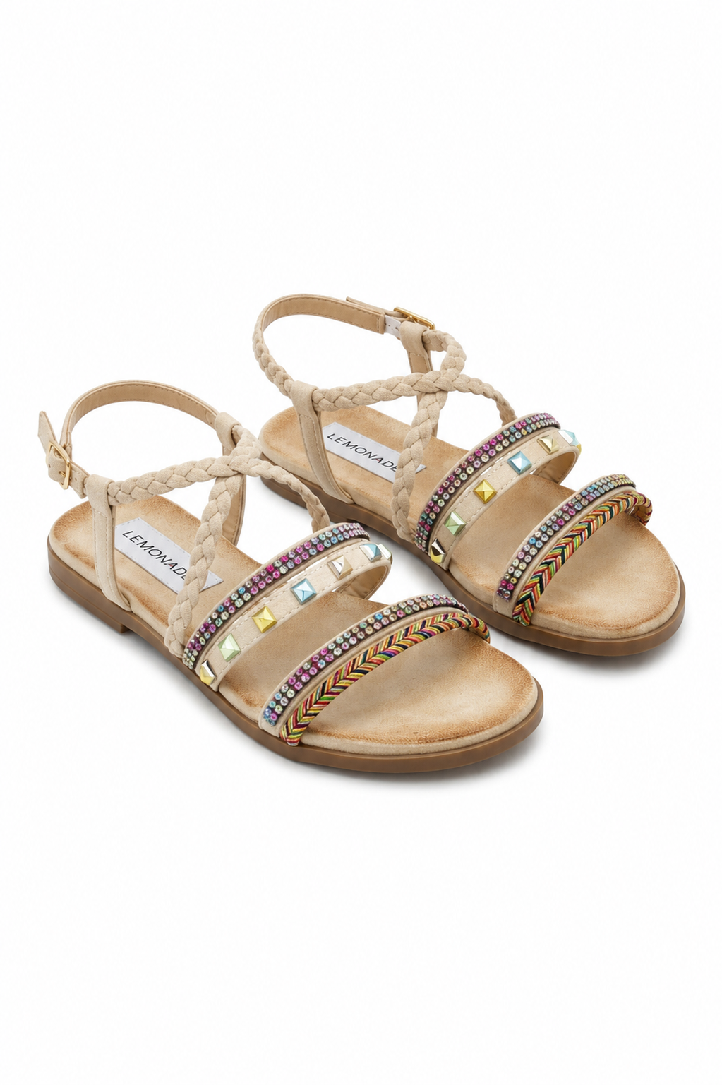 Sparkly Boho Gem Braided Strap Sandals Nude