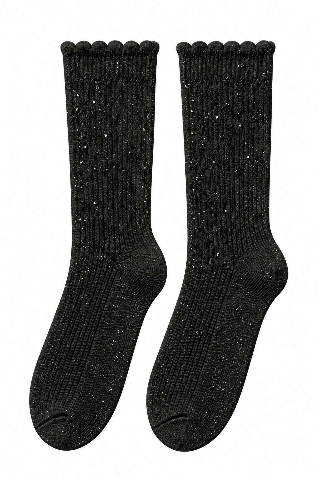 A pair of black ribbed crew socks with a subtle glittery texture and scalloped cuffs, displayed against a plain white background.
