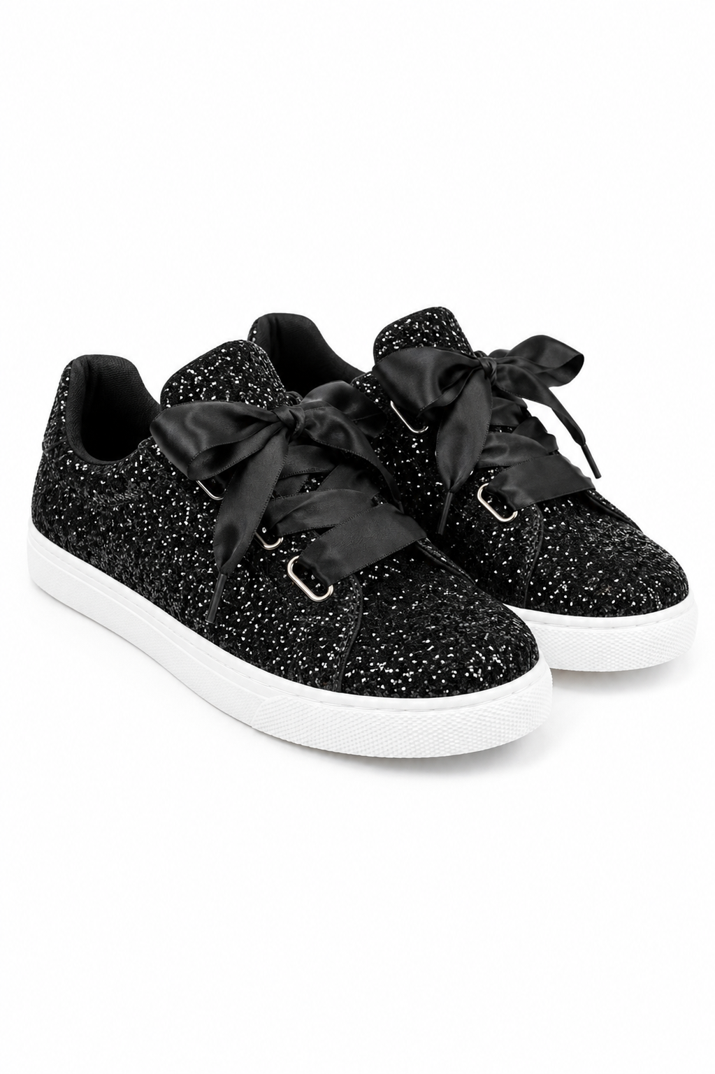 Sparkly Glitter Ribbon Lace Trainers Black