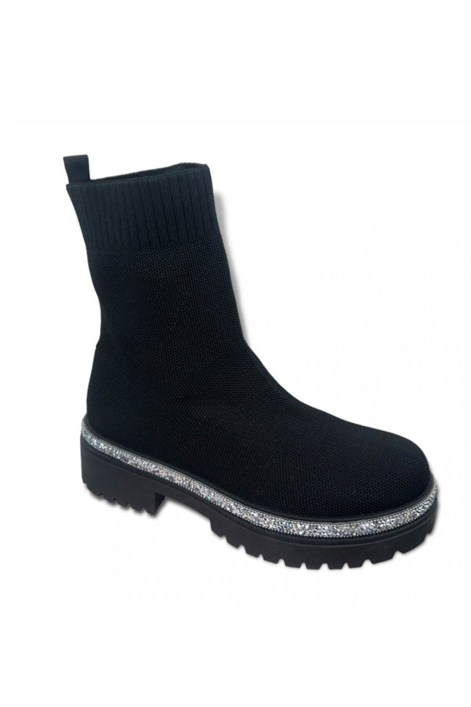 Black sock boot with a glittery sole on a white background