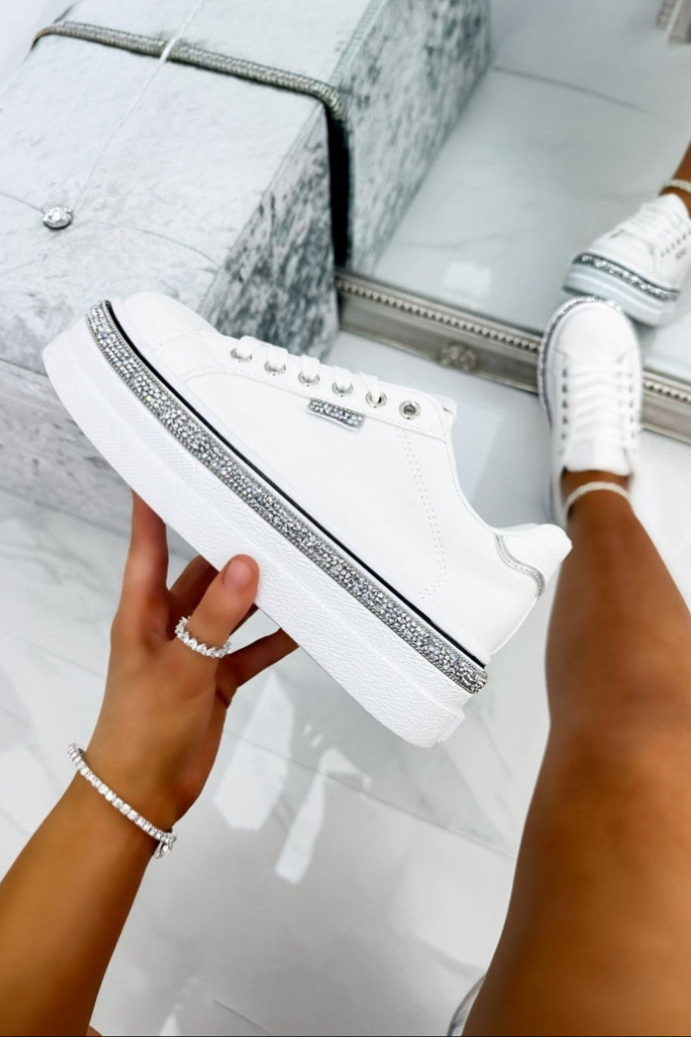 Sparkly Wedge Trainers White with Crystal Trim