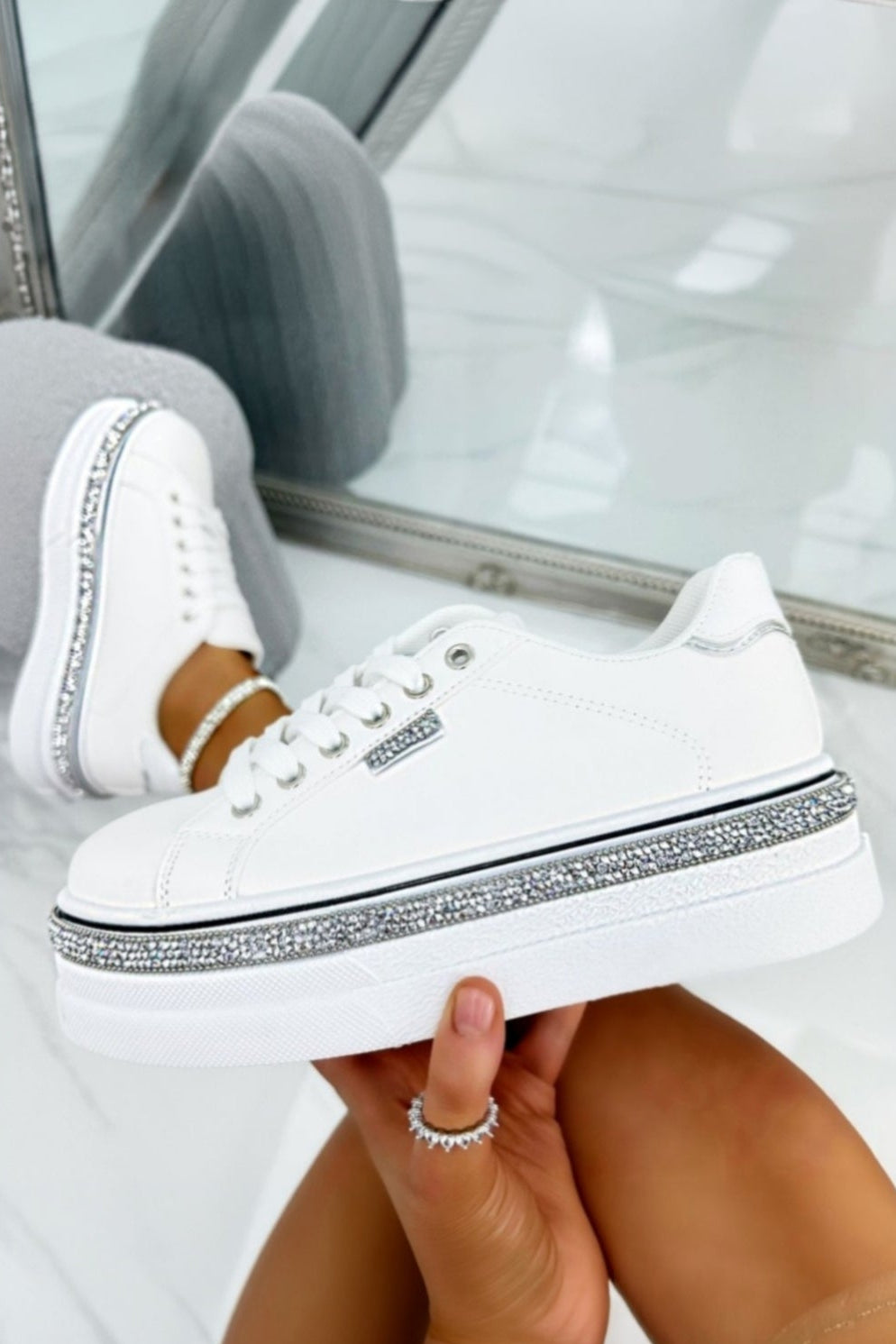 Sparkly Wedge Trainers White with Crystal Trim