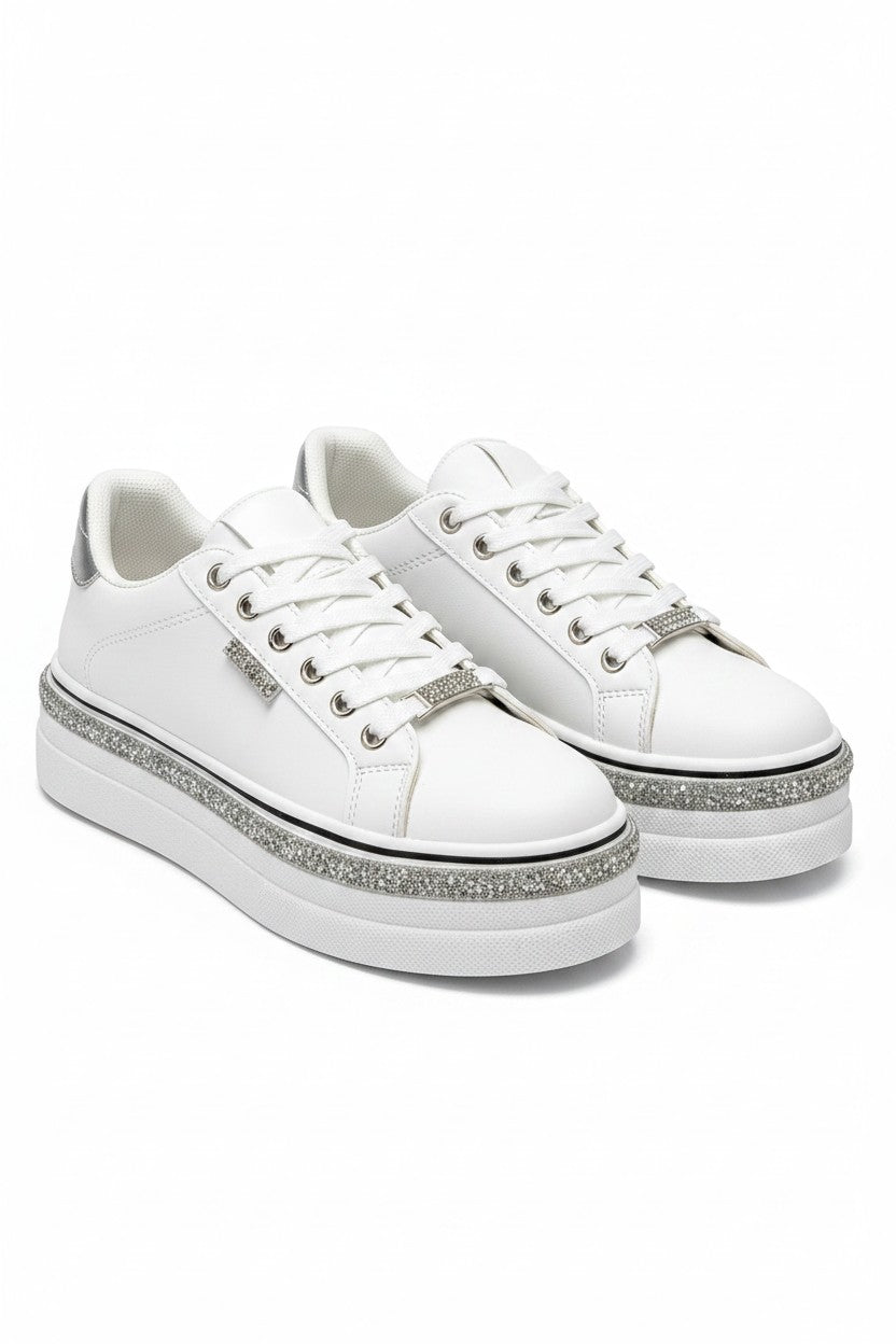 Sparkly Wedge Trainers White with Crystal Trim