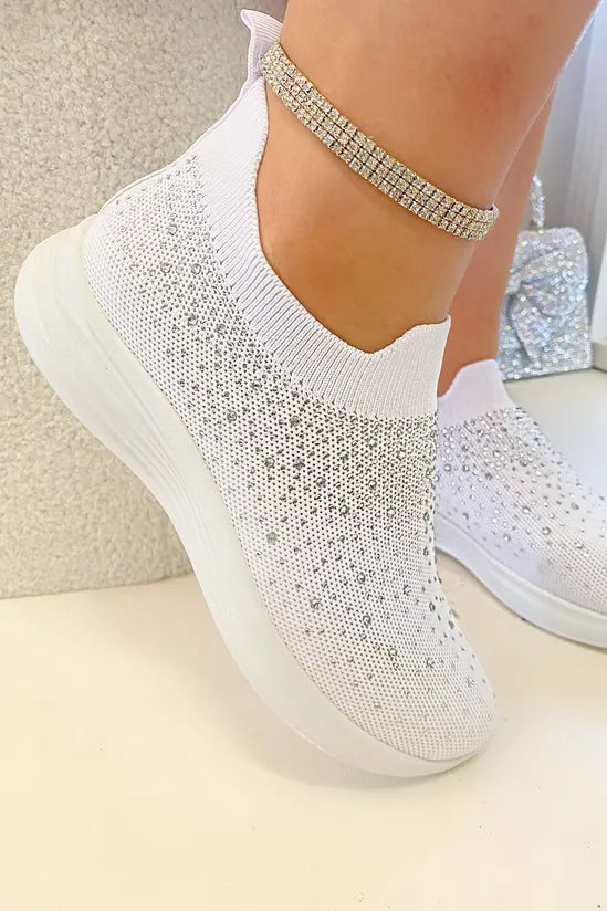Crystal Rainbow Drop Stretch Sock Trainers White, highlighting slip-on Design