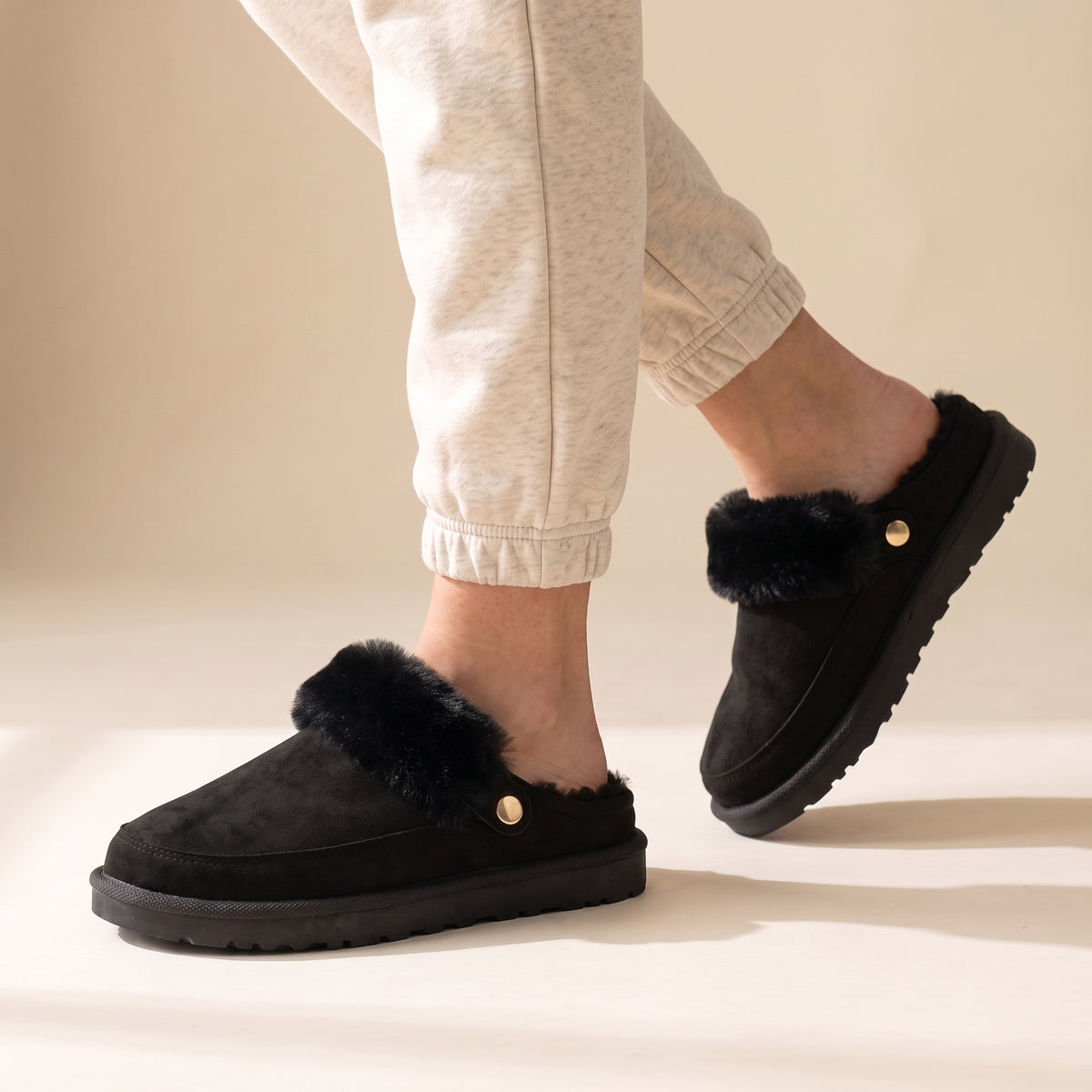 Sasha Faux Suede Fur Lined Mule Slippers Black