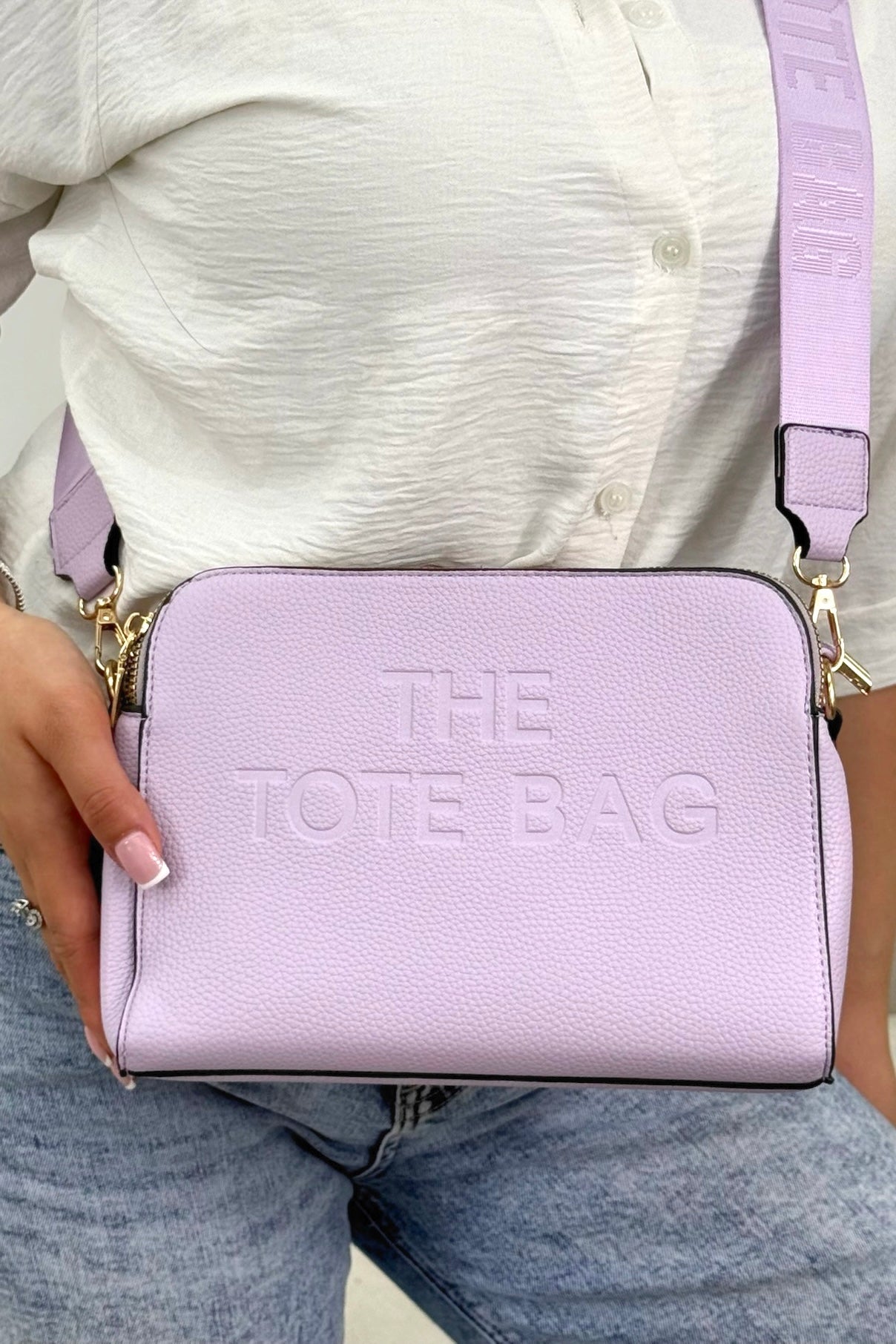 Faux Leather Triple Compartment Everyday Crossbody Tote Bag Lilac with structured silhouette with modern embossed slogan detail