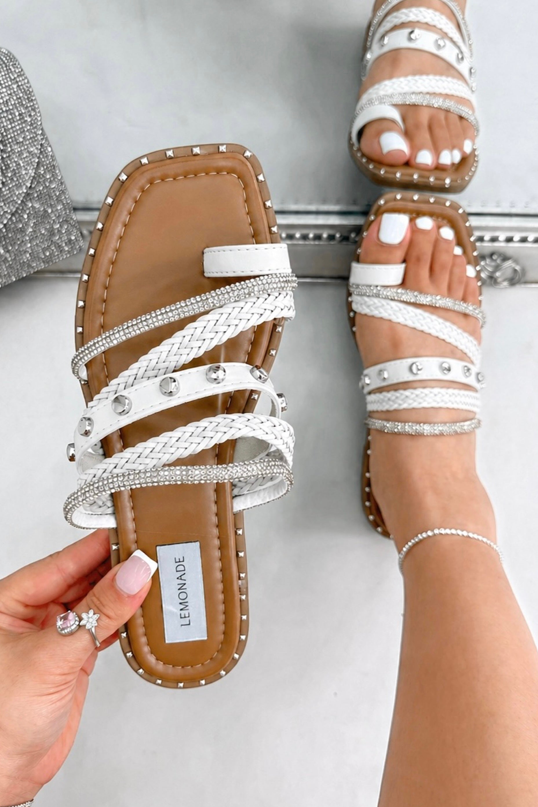Sparkly Capri Weave Studded Toe Ring Sliders White featuring multi-strap woven design for a stylish, layered look