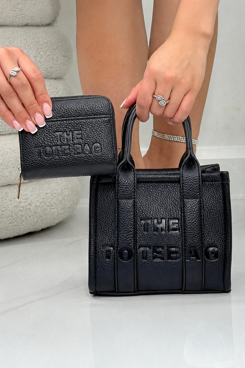 Faux Leather Mini Tote Bag Black & Zip Up Tote Purse Black Bundle, featuring striking, black faux leather , with a textured, luxury feel.