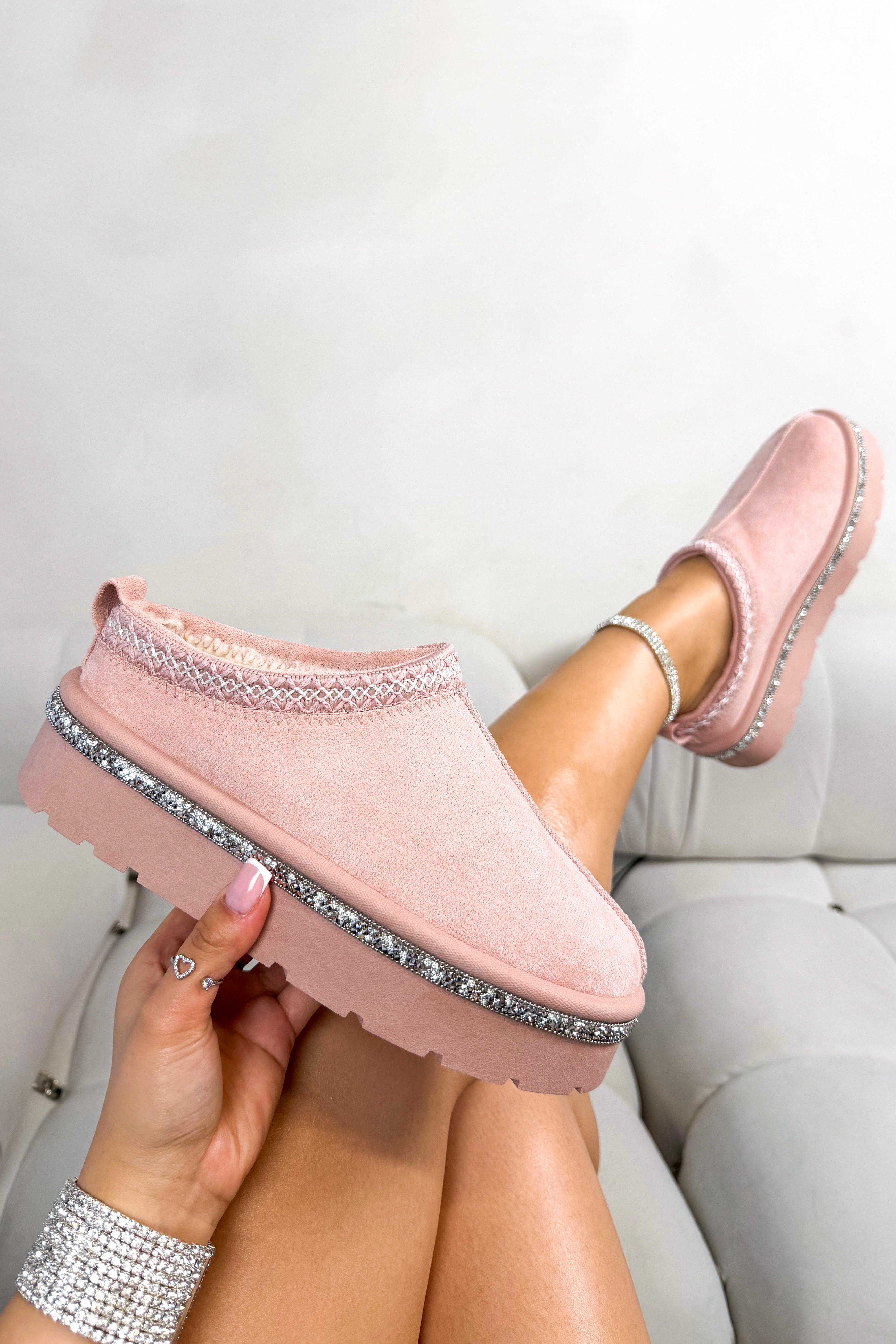 Crystal Platform Tazgirl Faux Fur Lined Slippers Limited Edition Pink finished crystal embellished trim