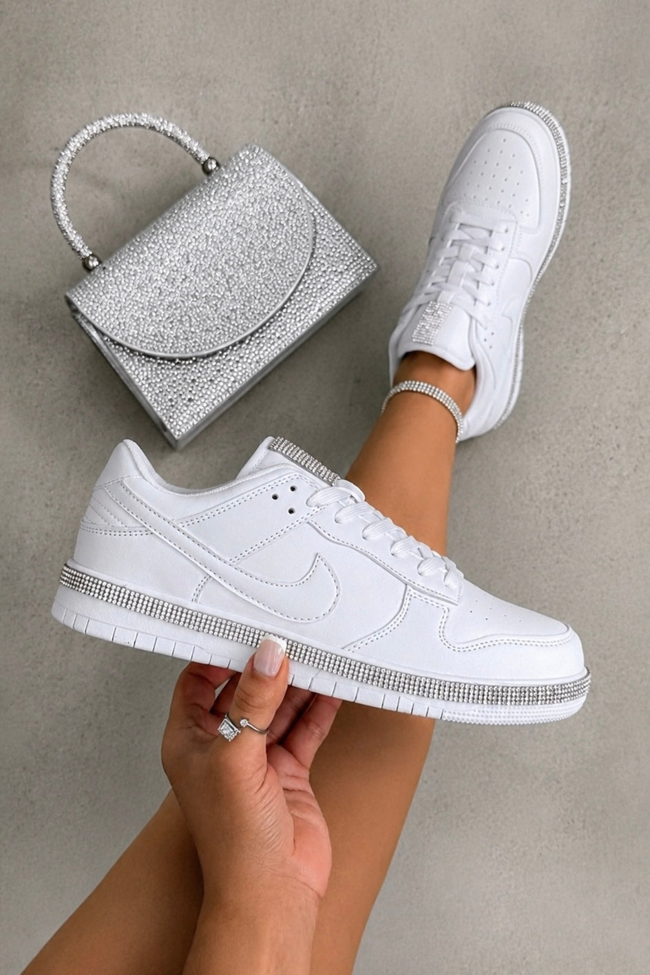 Crystal Trim Sporty Trainers Slimline Edition White finished with signature crystal trim along the midsole for subtle sparkle