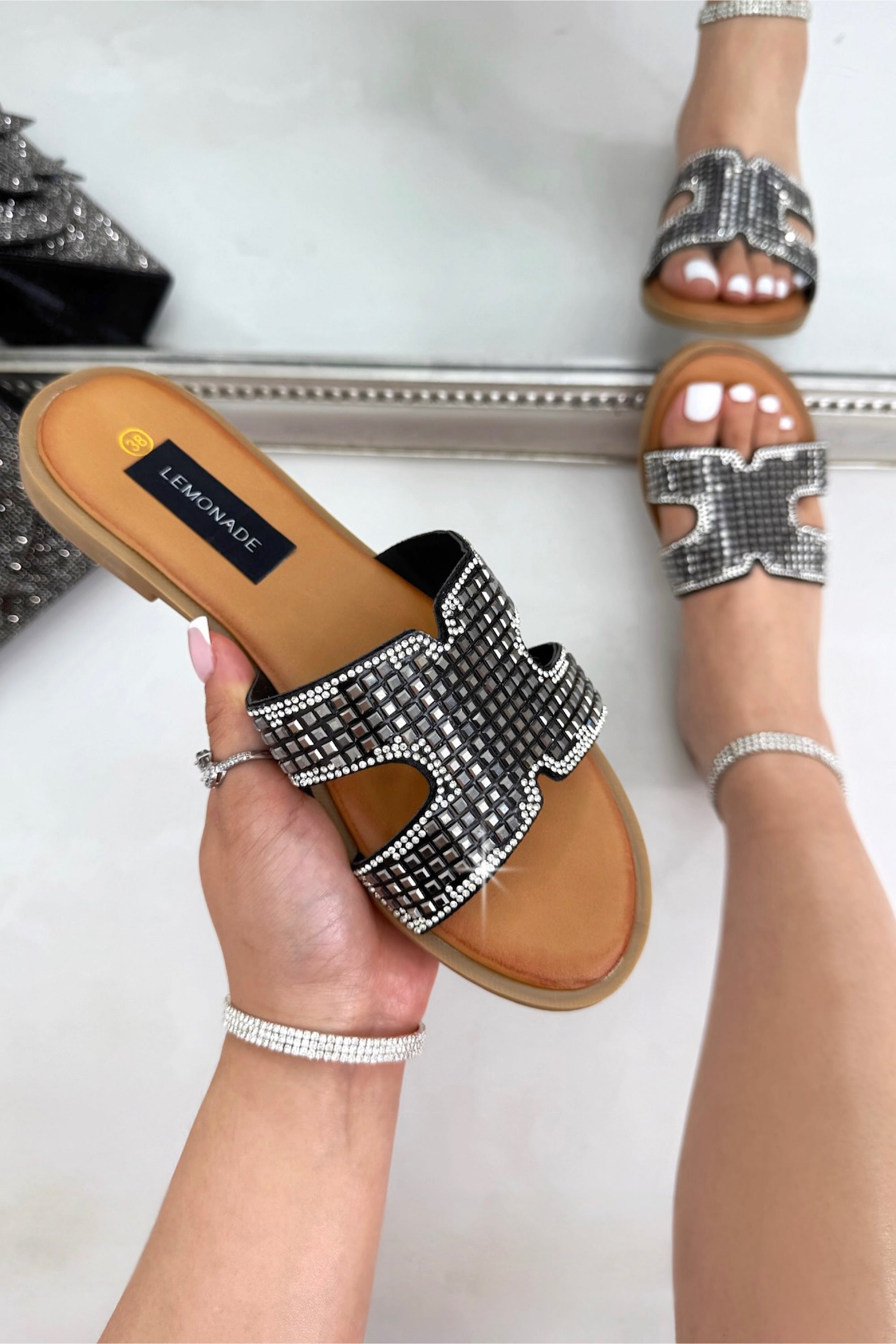 Sparkle Glow Halo Cut-Out Sliders Black finished with crystal embellished upper for maximum sparkle and shine