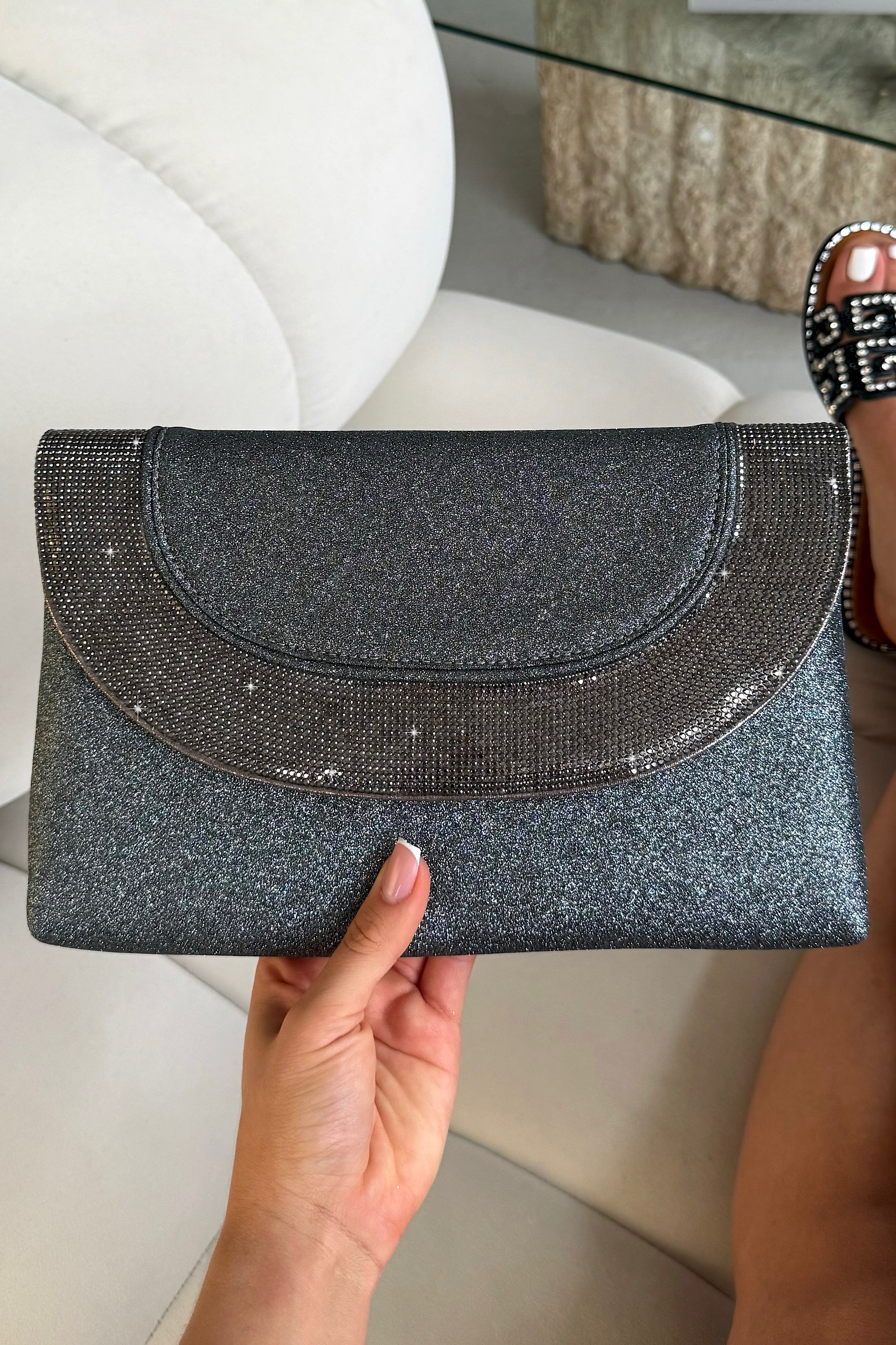 Glitter Luxe Metallic Crystal Envelope Clutch Bag Grey featuring a glitter-finish exterior and elegant crystal detailing.