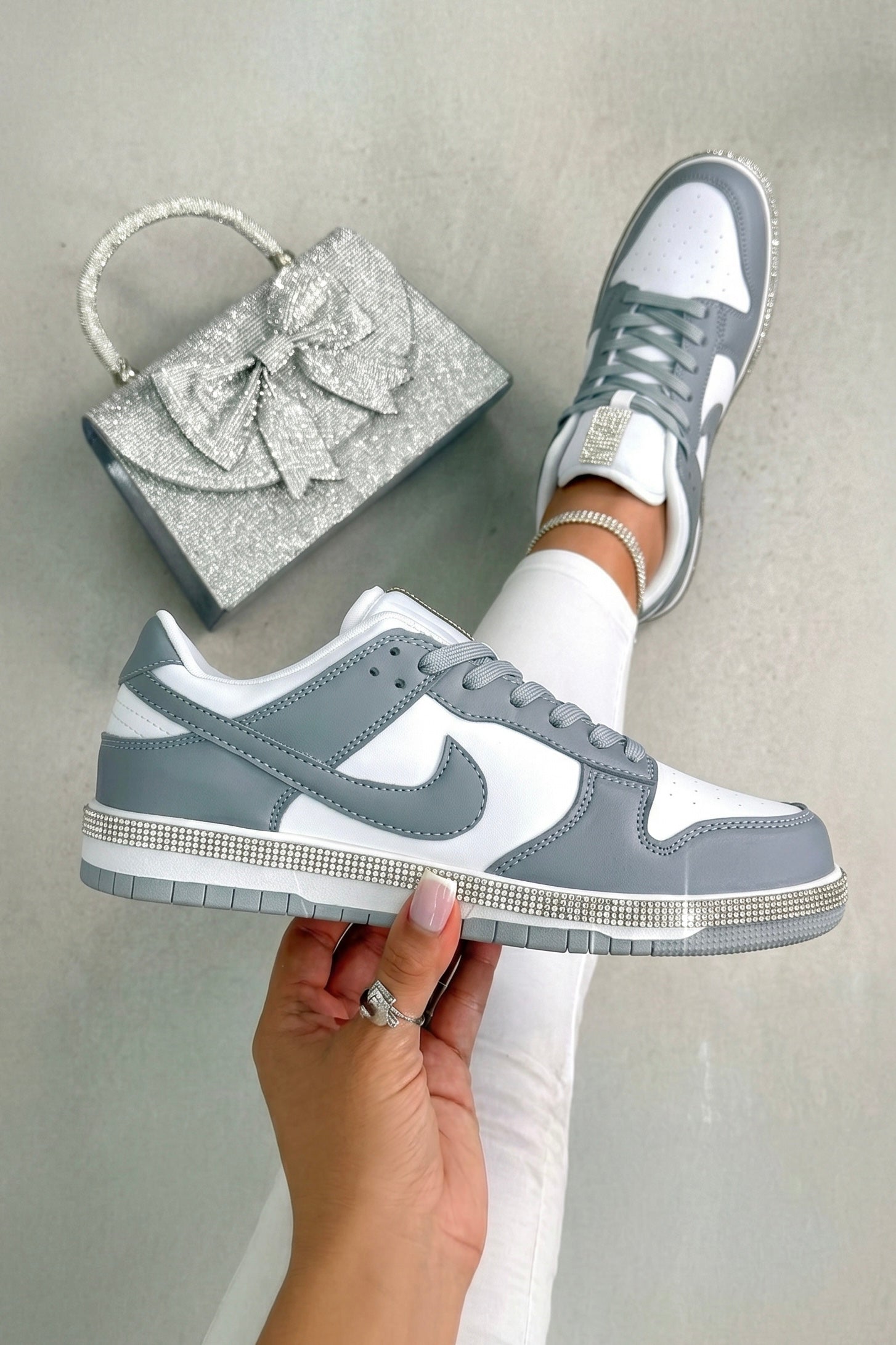 Crystal Trim Sporty Trainers Slimline Edition Grey designed with signature crystal trim along the midsole for subtle sparkle