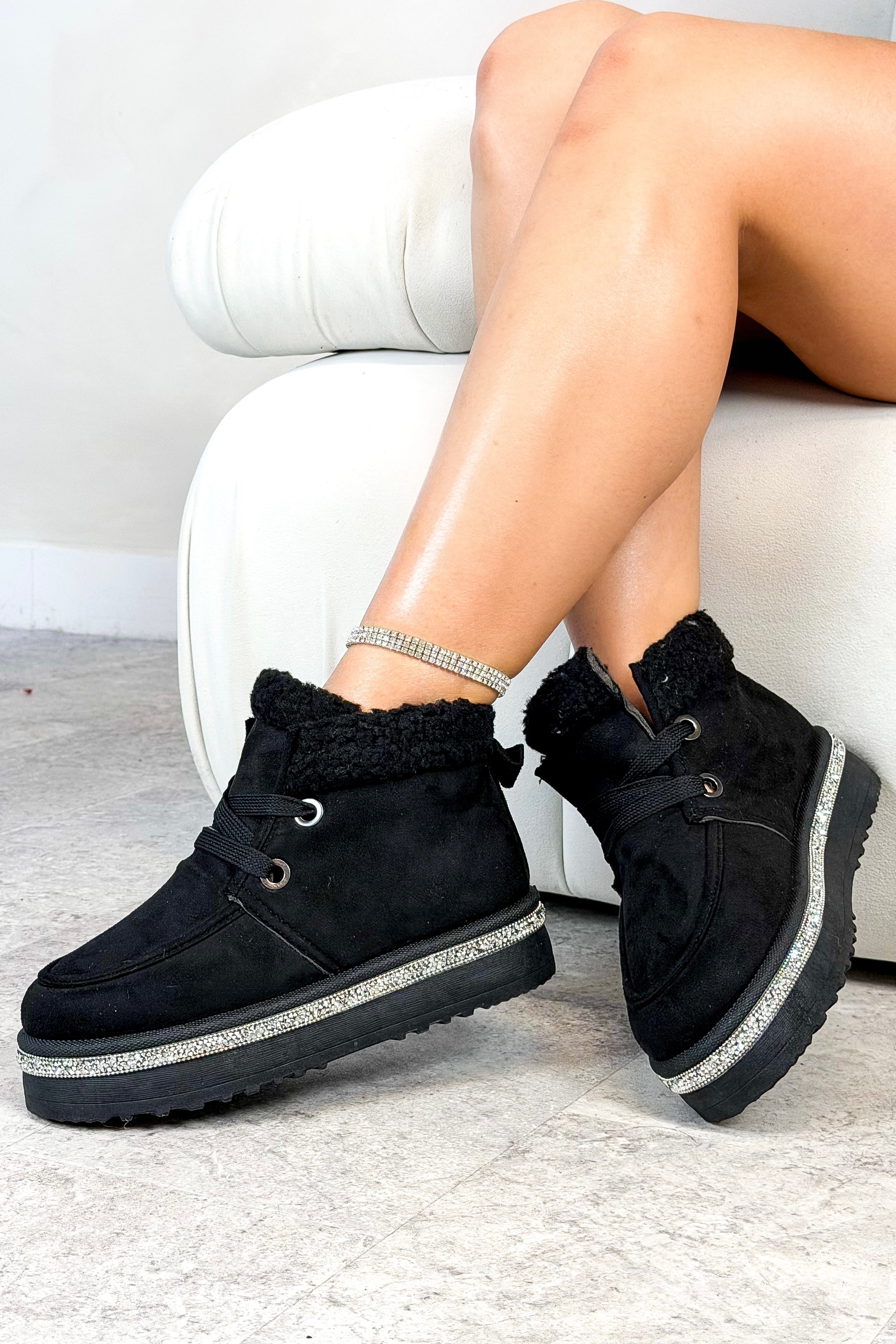 Crystal Luxe Lodge Faux Fur Lined Boots Black with premium faux suede outer soft, supple and cruelty-free