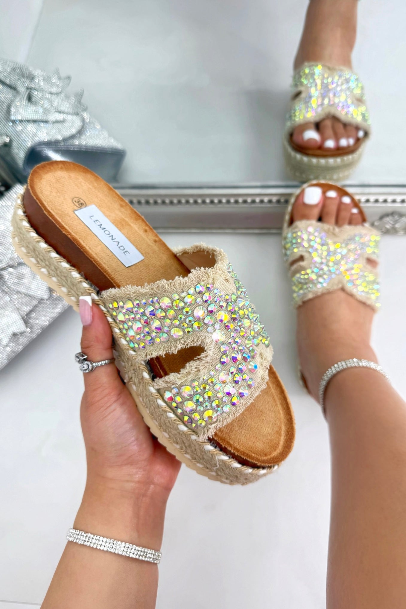 Crystal Shimmer Cross Strap Platform Sliders Nude with crystal embellished cross-over straps for maximum sparkle