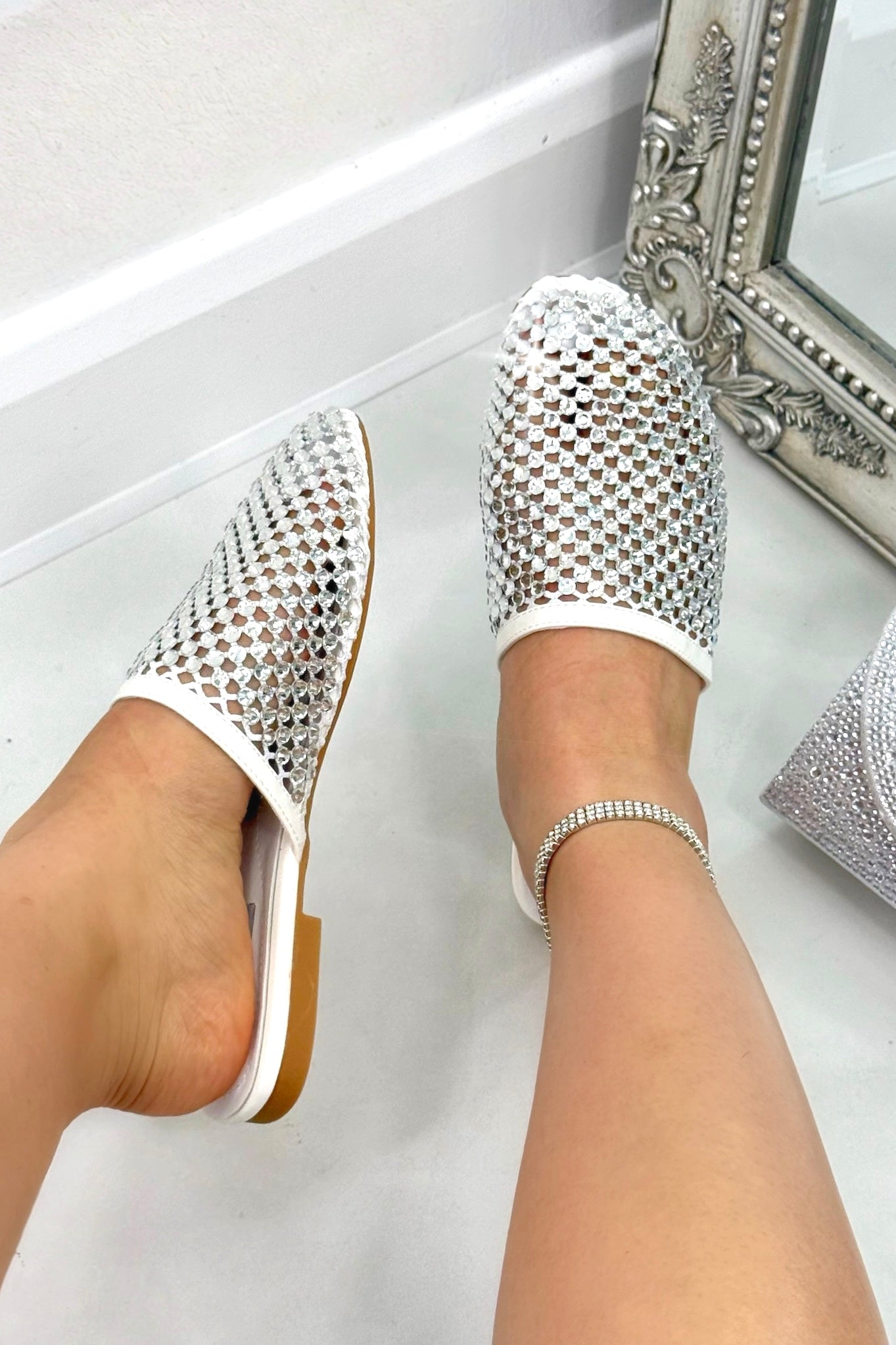 Sparkly Prism Glow Mule Sliders White, with emphasis on sleek mule slider design for easy slip-on wear