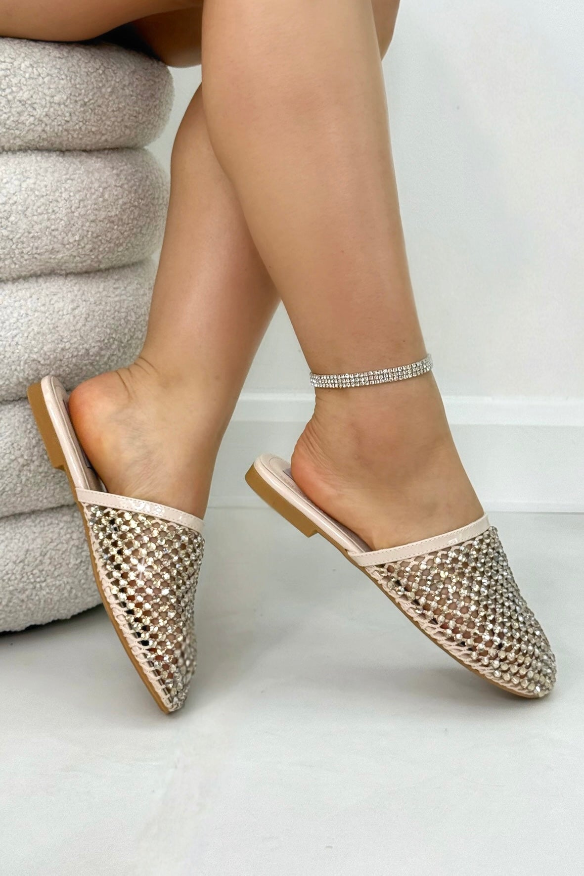 Sparkly Prism Glow Mule Sliders Nude, showing lightweight flat sole for comfortable all-day use