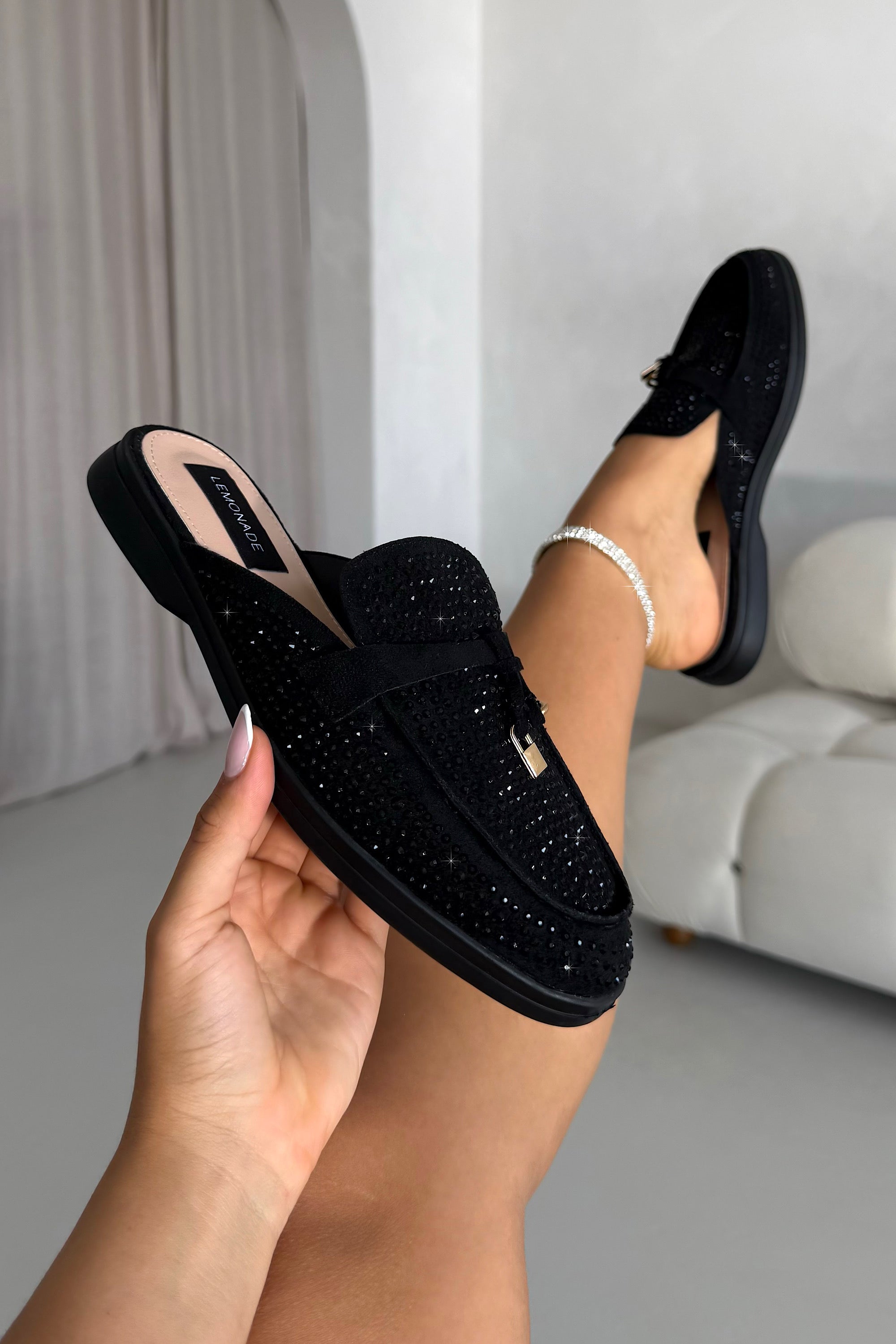 Crystal Dream Slip On Clog Mules Black