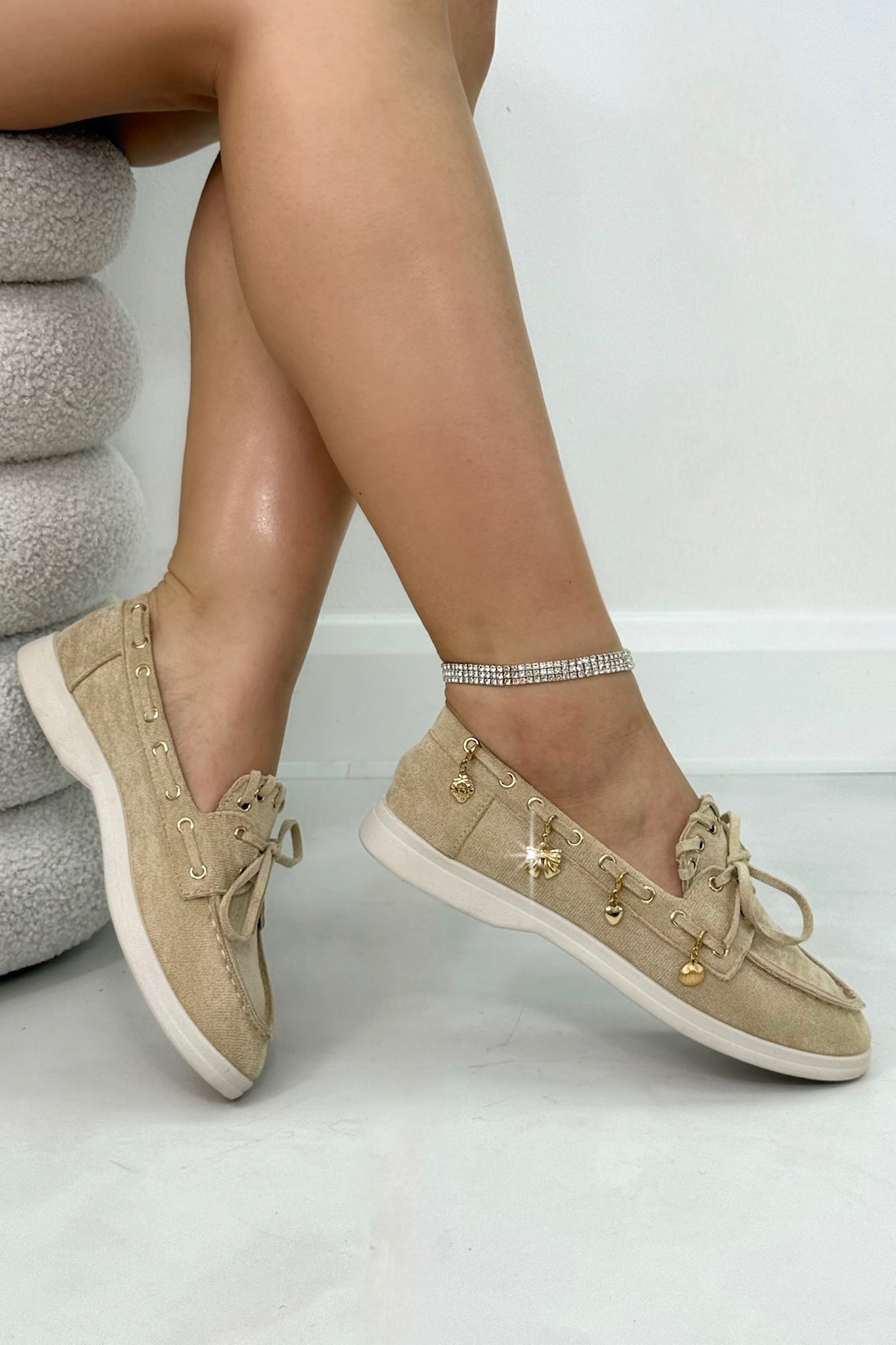 Velvet Charm Luxe Lace-Up Loafers Nude, shown from another angle