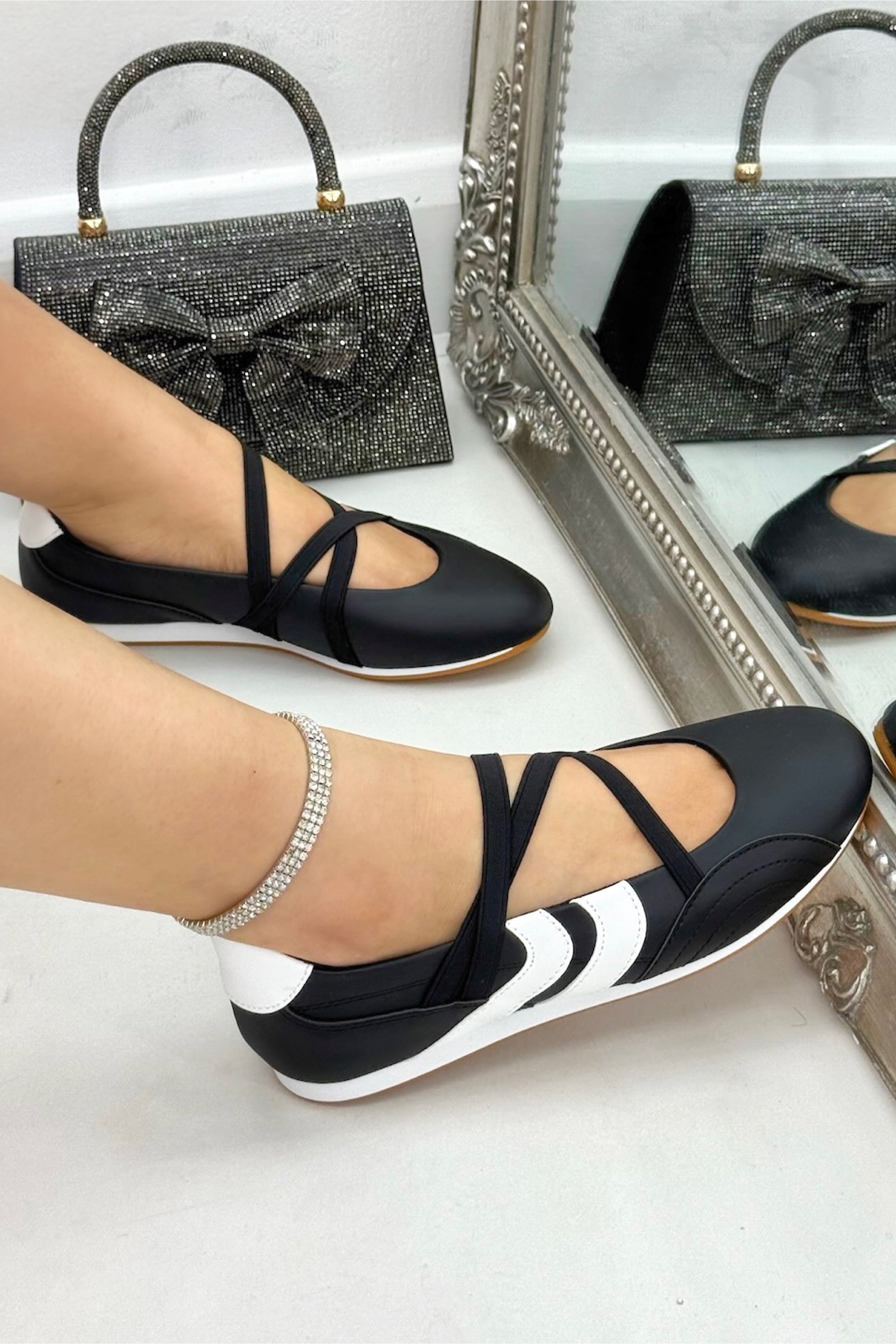Comfort Mary Jane Asymmetric Strap Trainers Black, shown from another angle