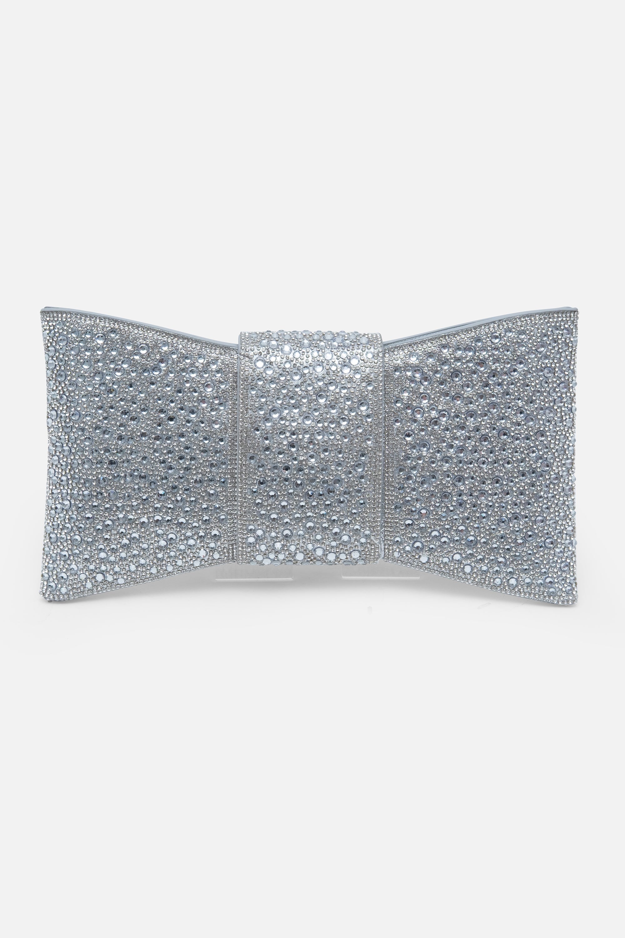 Crystal Luxe Bow Clutch Bag Silver, featuring measurements - Height 14.5 cm, Length 25.5 cm, Width 3 cm
