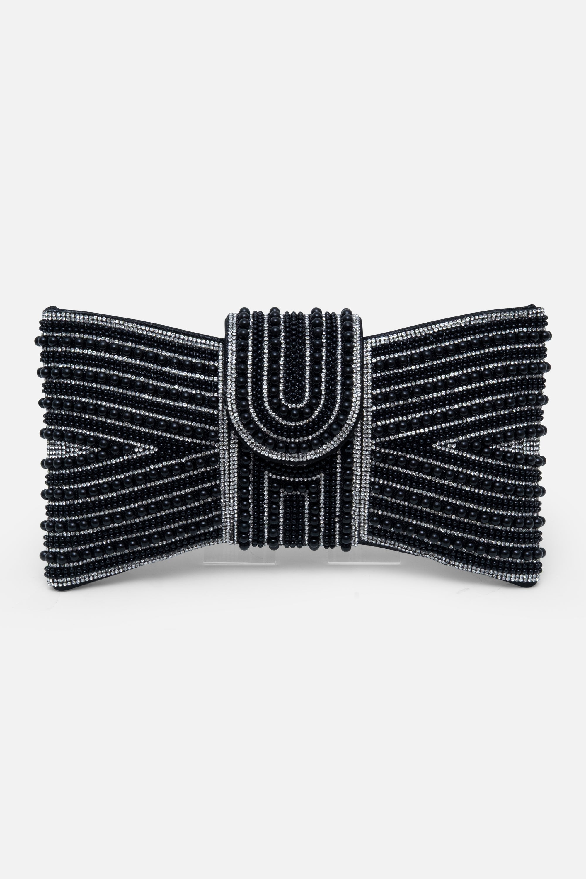 Sparkly Pearl Bow Clutch Bag Black, featuring magnetic flap closure