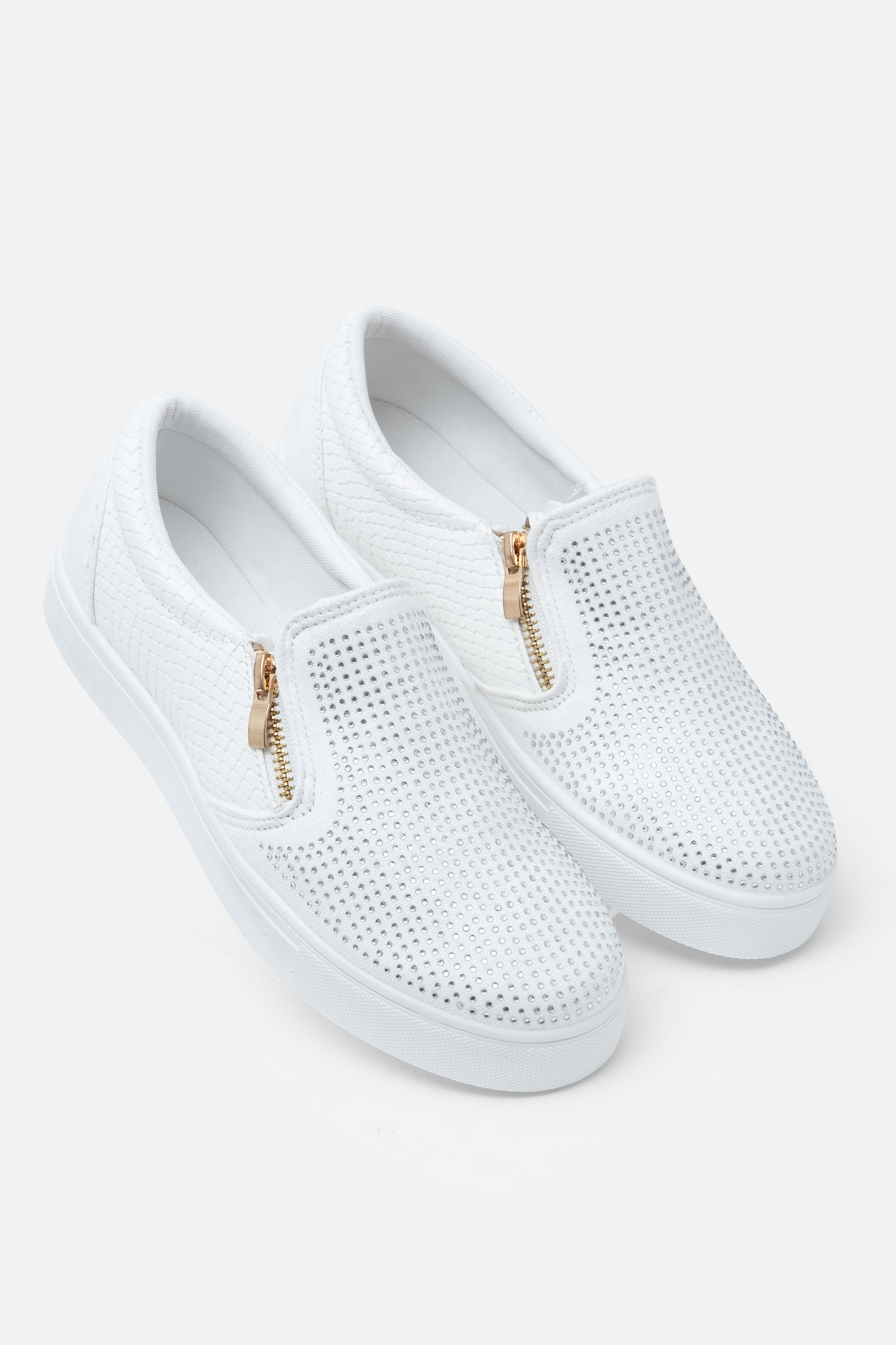 Crystal Suede Zip Pumps White Trainers, featuring crystal-embellished