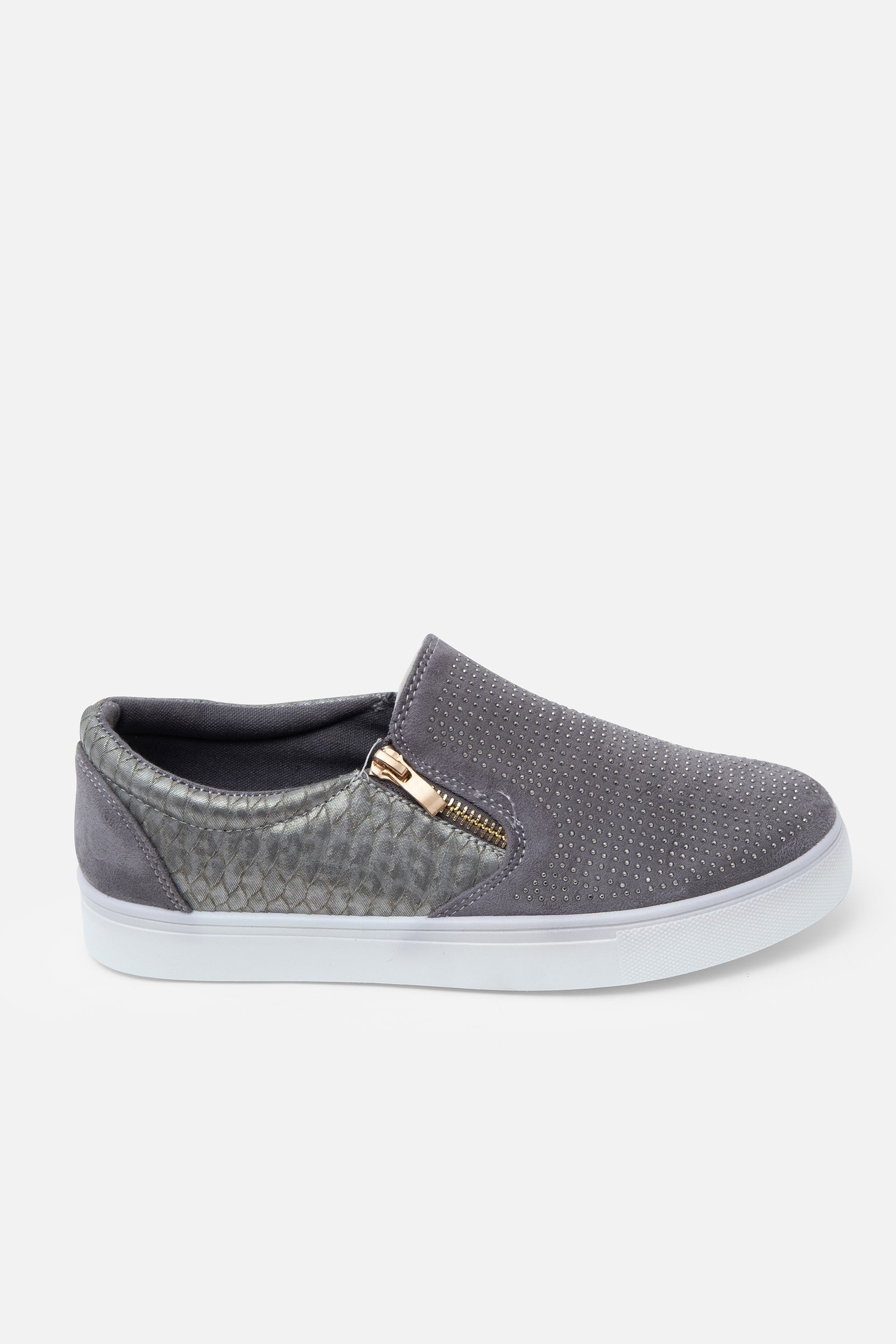 Crystal Suede Zip Pumps Grey Trainers, bringing attention to decorative zip