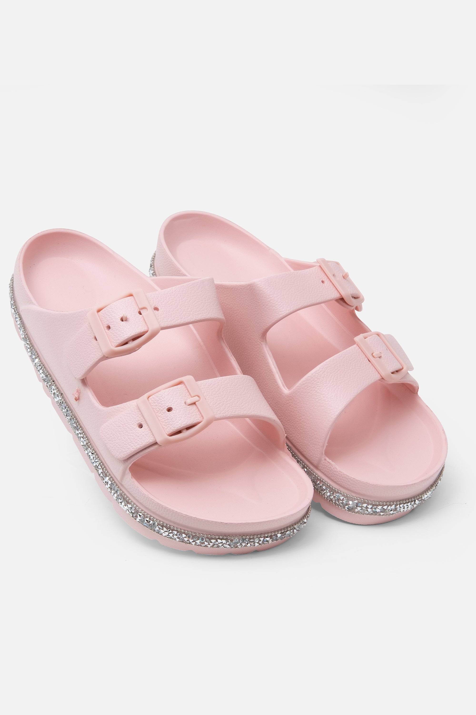 Crystal Trim Lightweight Double Strap Sliders Pink, featuring key design details
