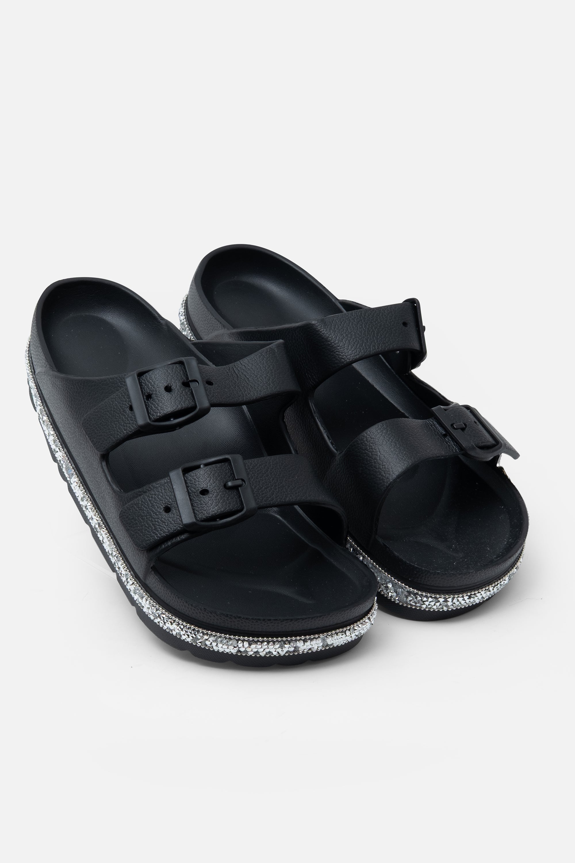 Crystal Trim Lightweight Double Strap Sliders Black, with a closer look at the design details