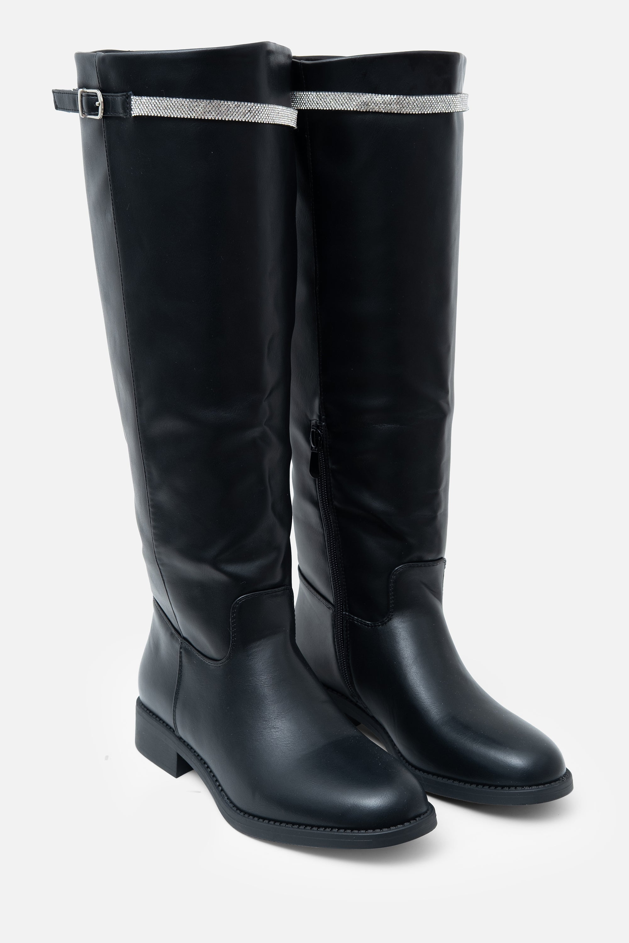 Crystal Reign Rider Calf Boots Black, featuring jet Black with silver glitter trim