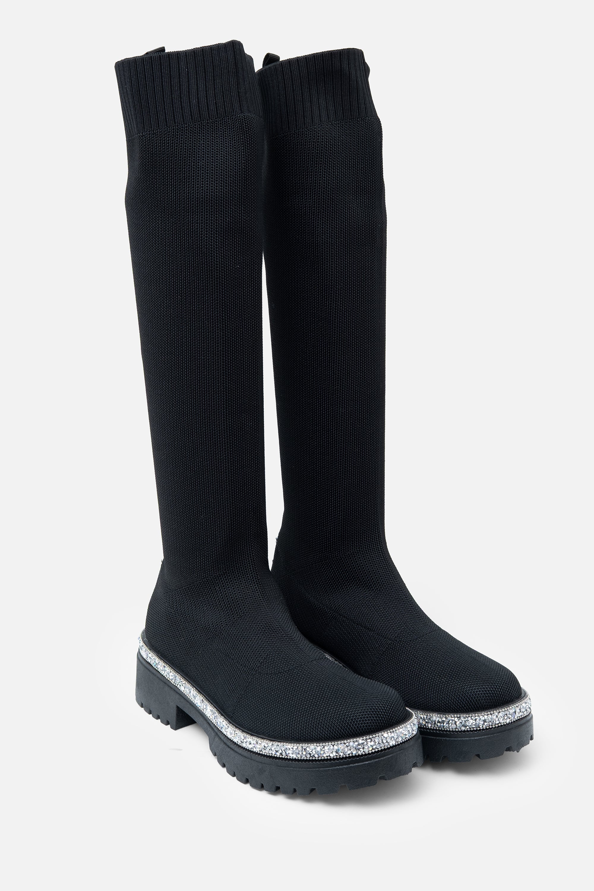 Sparkly Calf Stretch Sock Boots Black, drawing attention to chunky Sole
