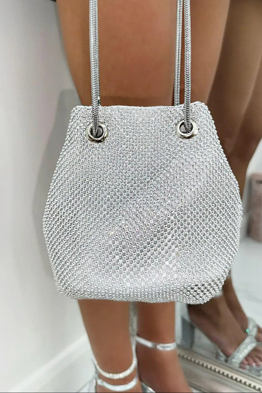Crystal Mini Slouch Bag Silver, bringing attention to covered in crystals