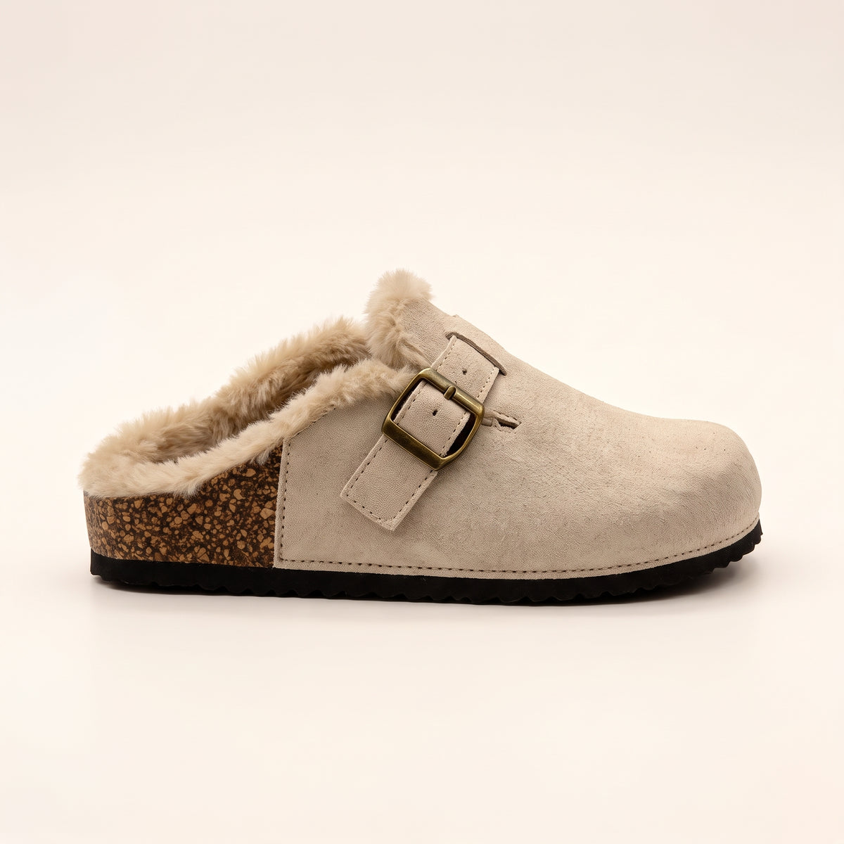 Sadie Faux Suede Fur Lined Buckle Clog Sliders Nude