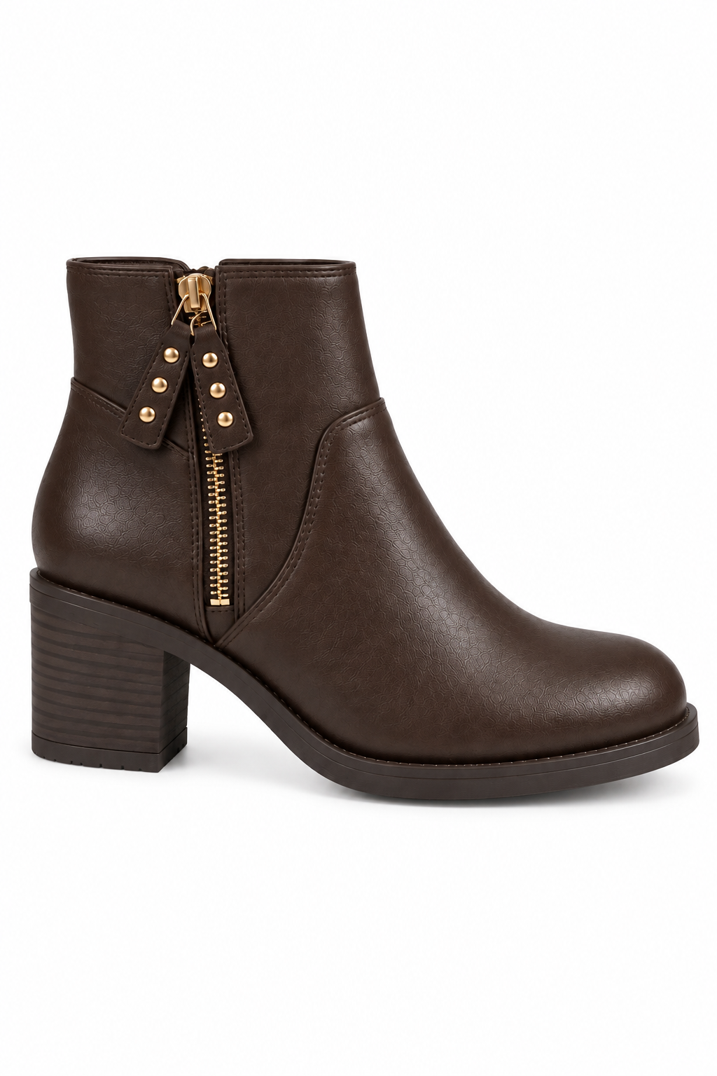 Blake Luxe Faux Leather Studded Side Zip Block Heel Ankle Boots Brown