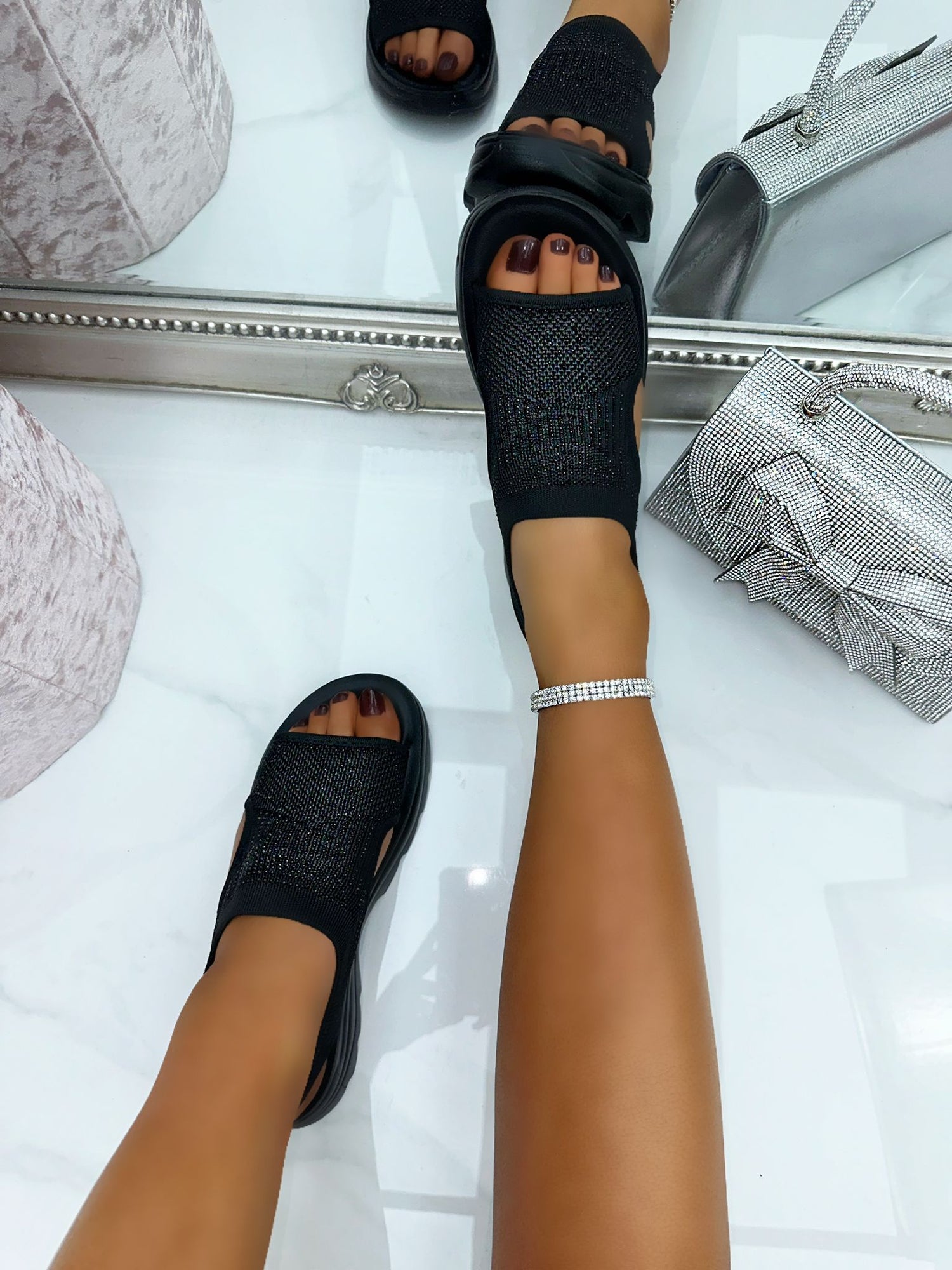 Sparkly Stretch Sock Sandals Black, bringing attention to chunky platform sole