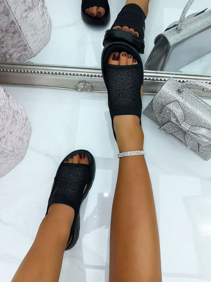 Sparkly Stretch Sock Sandals Black, bringing attention to chunky platform sole