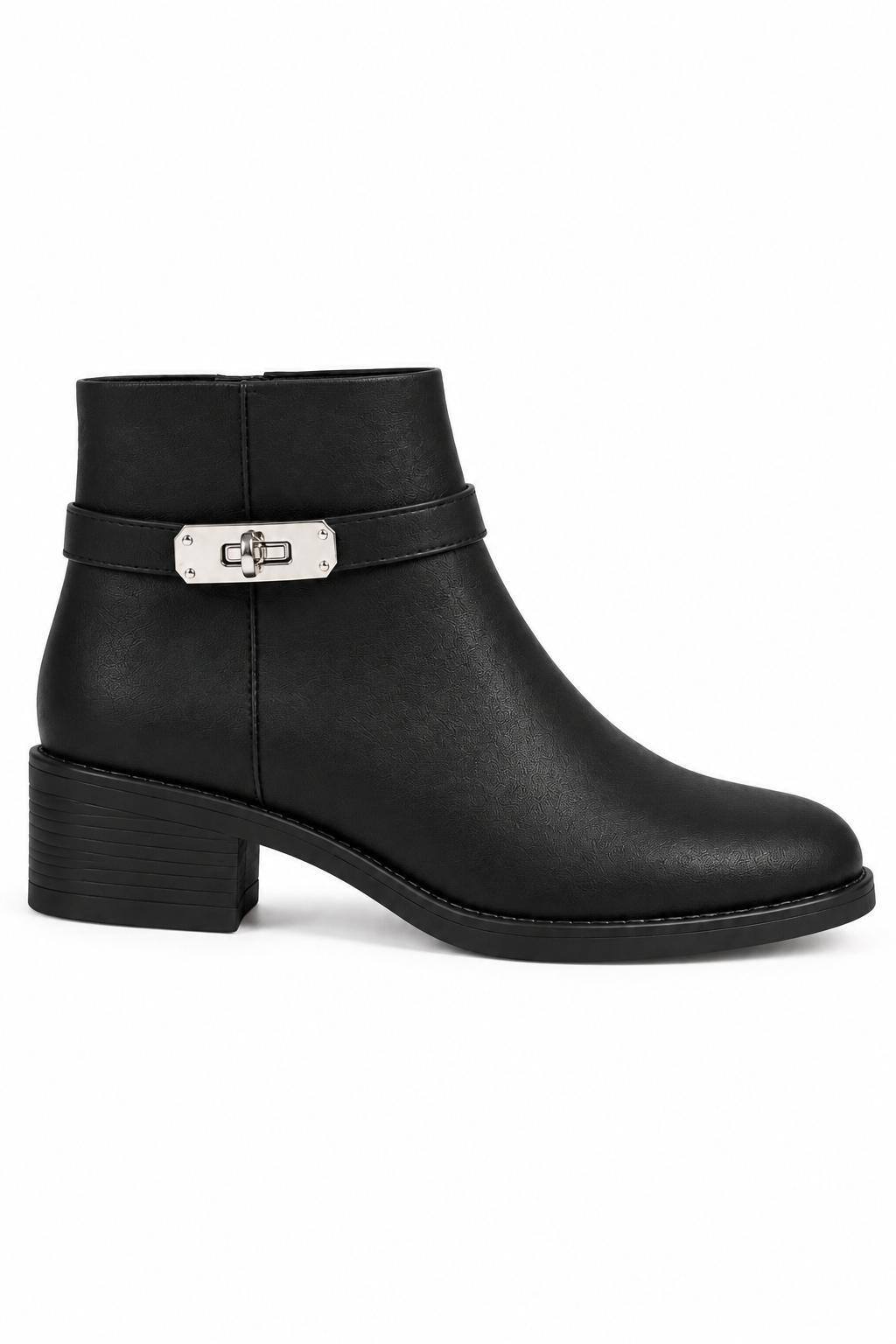 Mayfair Luxe Iconic Buckle Low Heel Zip Up Faux Leather Ankle Boots Black