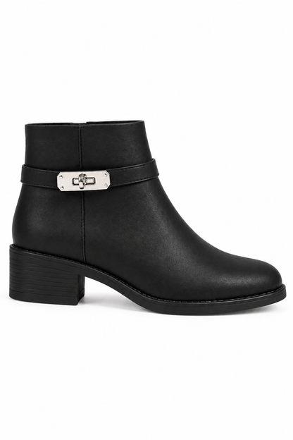 Mayfair Luxe Iconic Buckle Low Heel Zip Up Faux Leather Ankle Boots Black