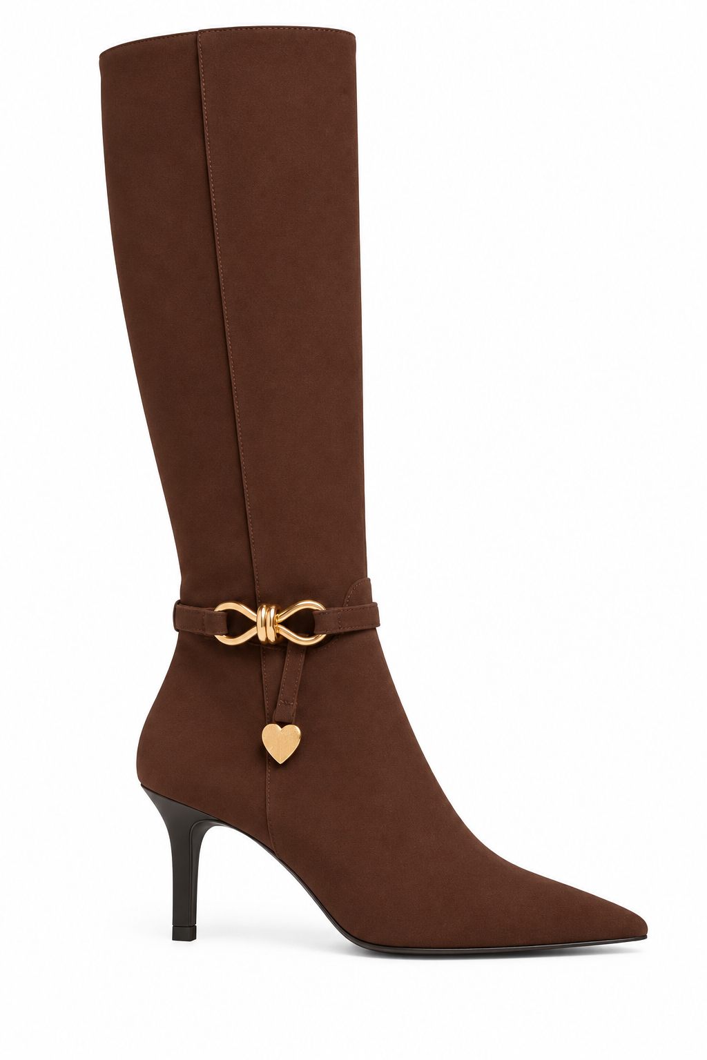 Beaumont Luxe Charm Pointed Toe Faux Suede Kitten Heel Knee High Boots Brown