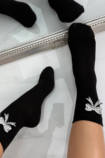 Sparkly Bow Socks Black finished with soft, comfortable, and stretchy cotton blend